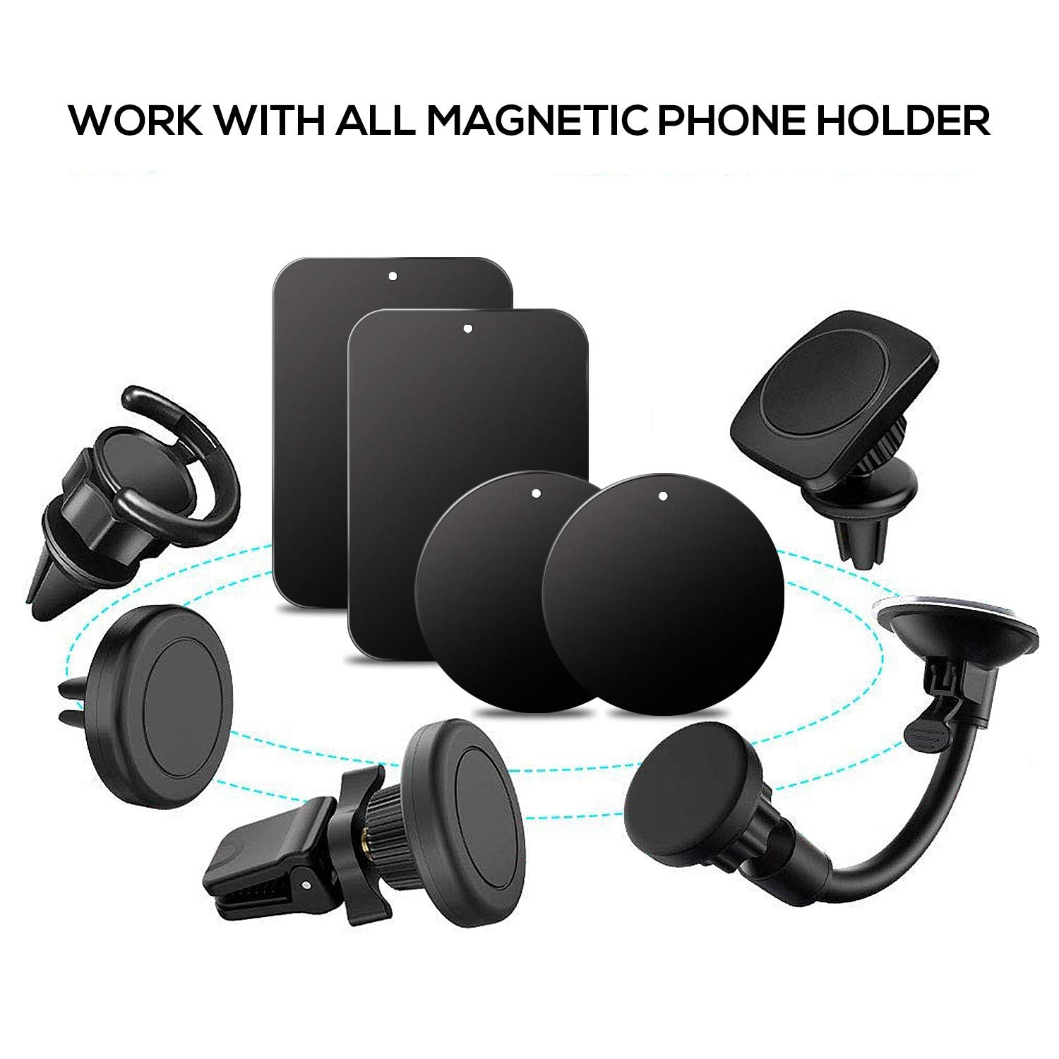 Gradcap Metal Plate For Magnetic Phone Mount - 4 Packs Universal Ultra Thin Black Metal Disc W/Strong 3M Adhesive Sticker - Replacement Accessory Kit - 2 Rectangle (1.75"X2.5") & 2 Round (1.5"X1.5")