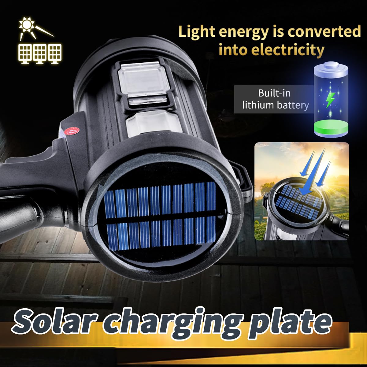 Jujingyang Rechargeable Spotlight,150000 Lumens Handheld Hunting Flashlight Led Flashlight And Solar Panels,3 Modes 4 Colors Waterproof,Lightweight Bright Searchlight For Hunting,Camping, Boating