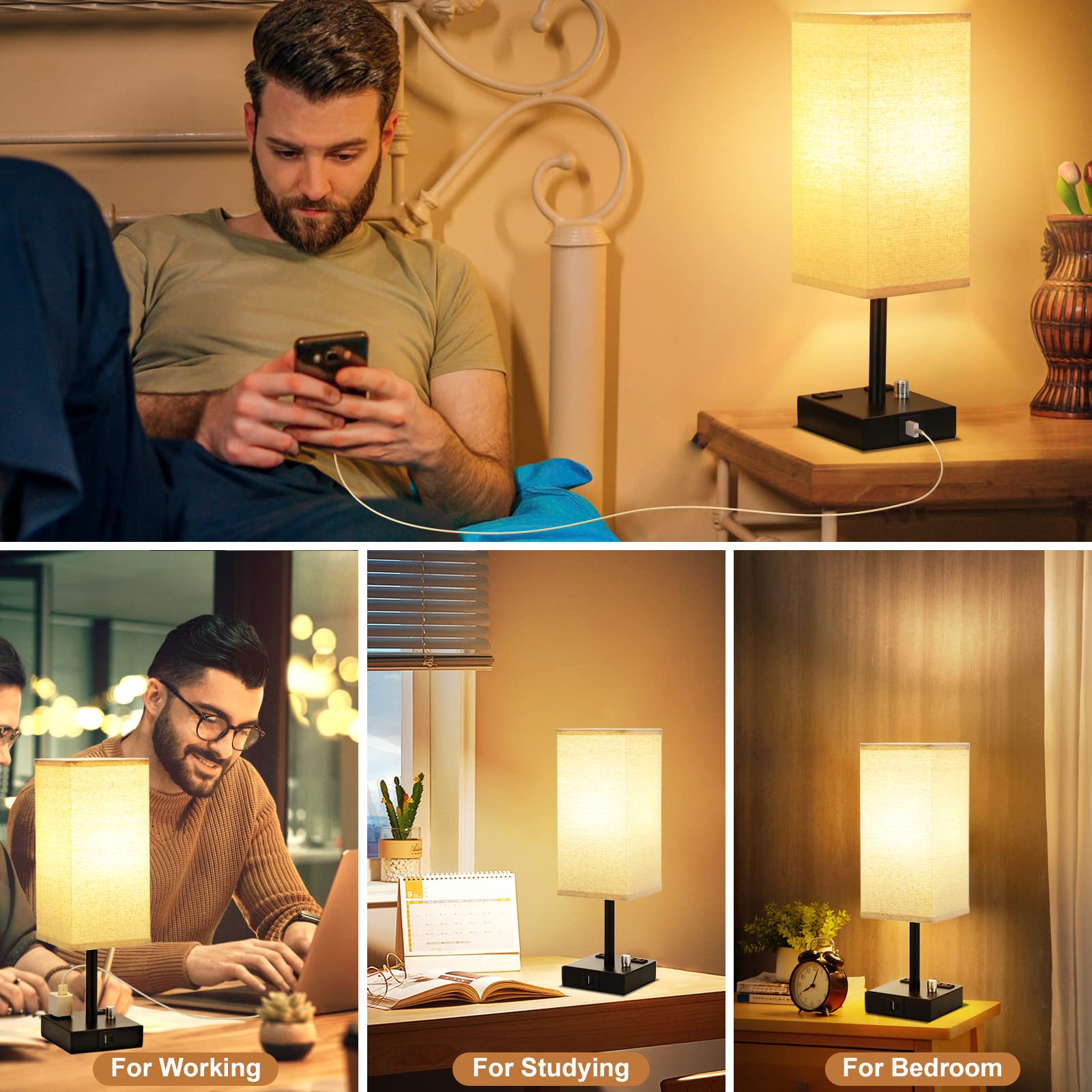 Aooshine Fully Dimmable Nightstand Lamps Set Of 2 - Table Bedside Lamp With Usb C+A Charging Ports & 2 Ac Outlets, Square Lamp Sets Linen Fabric Shade For Bedroom Living Room(Bulb Included)