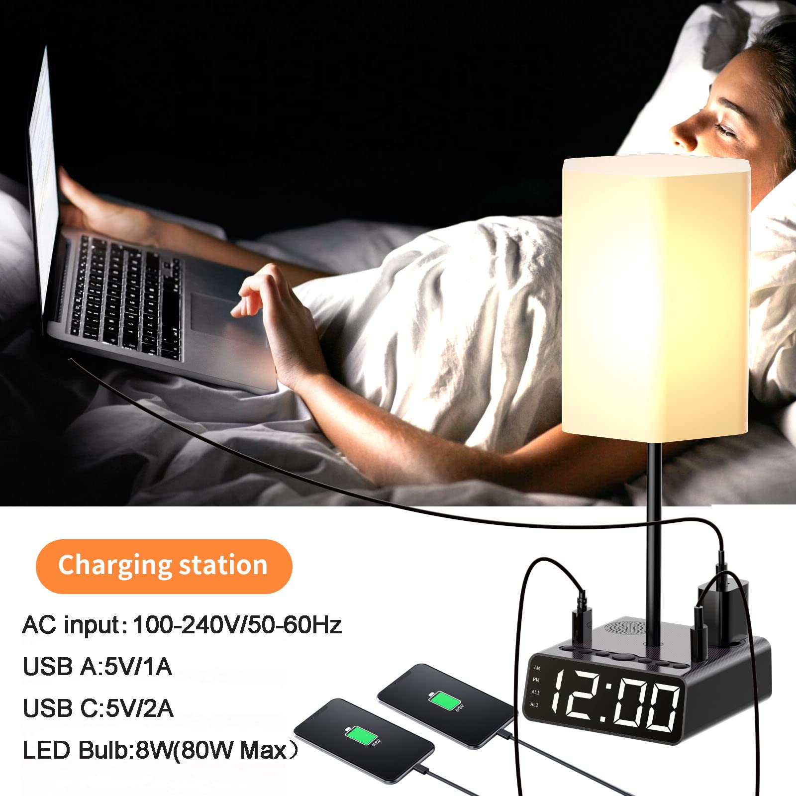 Sussex Table Lamp With Alarm Clock, Charging Station, Usb C & A, Ac Outlet Ports, Speakers, Radio - Power Outlet With Touch Control 3-Way Dimmable Nightstand Lamp For Kids Study Room, Bedroom