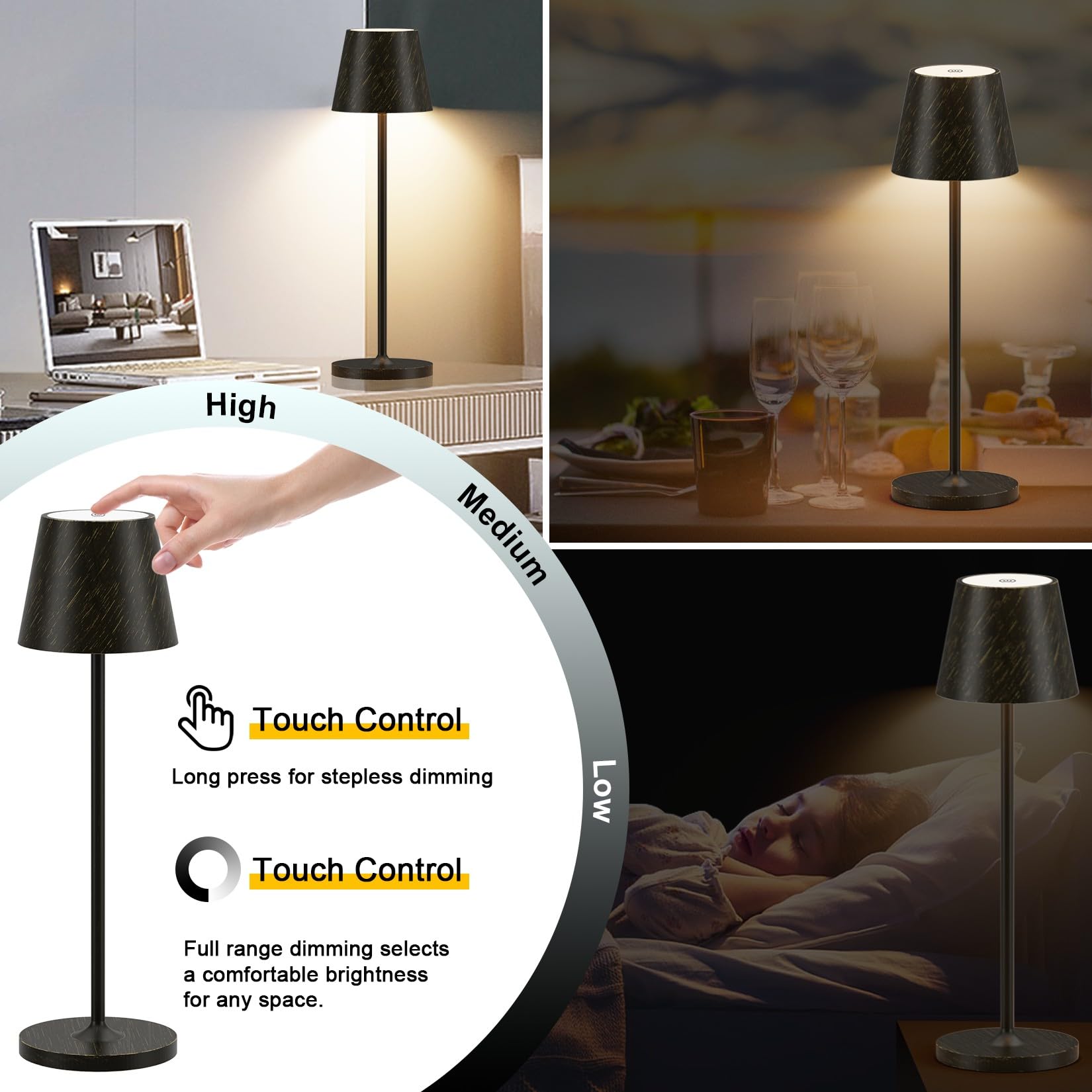 Ralbay Ip54 Aluminum Cordless Rechargeable Table Lamp Led Modern Battery Operated 4800Mah Waterproof Portable Stepless Dimmable Desk Lamp For Restaurant/Bedroom/Camping/Outdoor (Black Brush Gold)