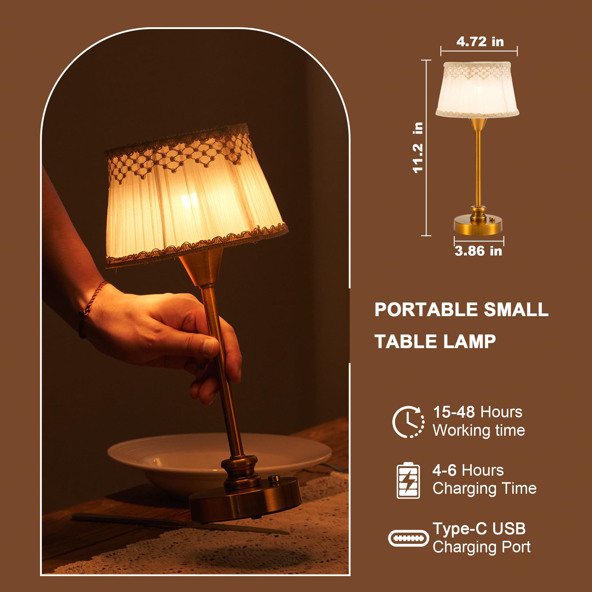 Umexus Rechargeable Cordless Table Lamp With Dimmer, Portable Small Battery Operated Lamp Outdoor, Touch Warm Light Ambient Lighting For Restaurant Patio Dining Side End Table Kitchen, Antique Brass
