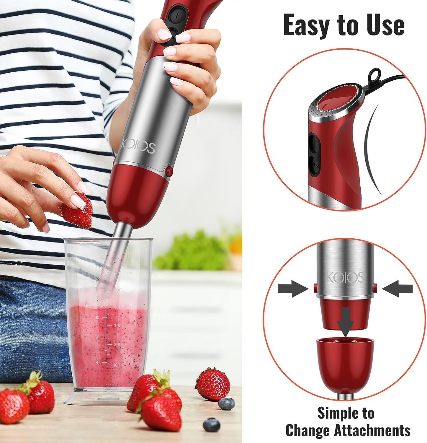 Koios 5-In-1 Hand Immersion Blender, 1000W 12 Speed Handheld Blender Stick With Copper Motor Stainless Steel Blade, 600Ml Mixing Beaker,500Ml Food Processor, Whisk, Milk Frother, Non-Bpa, Red