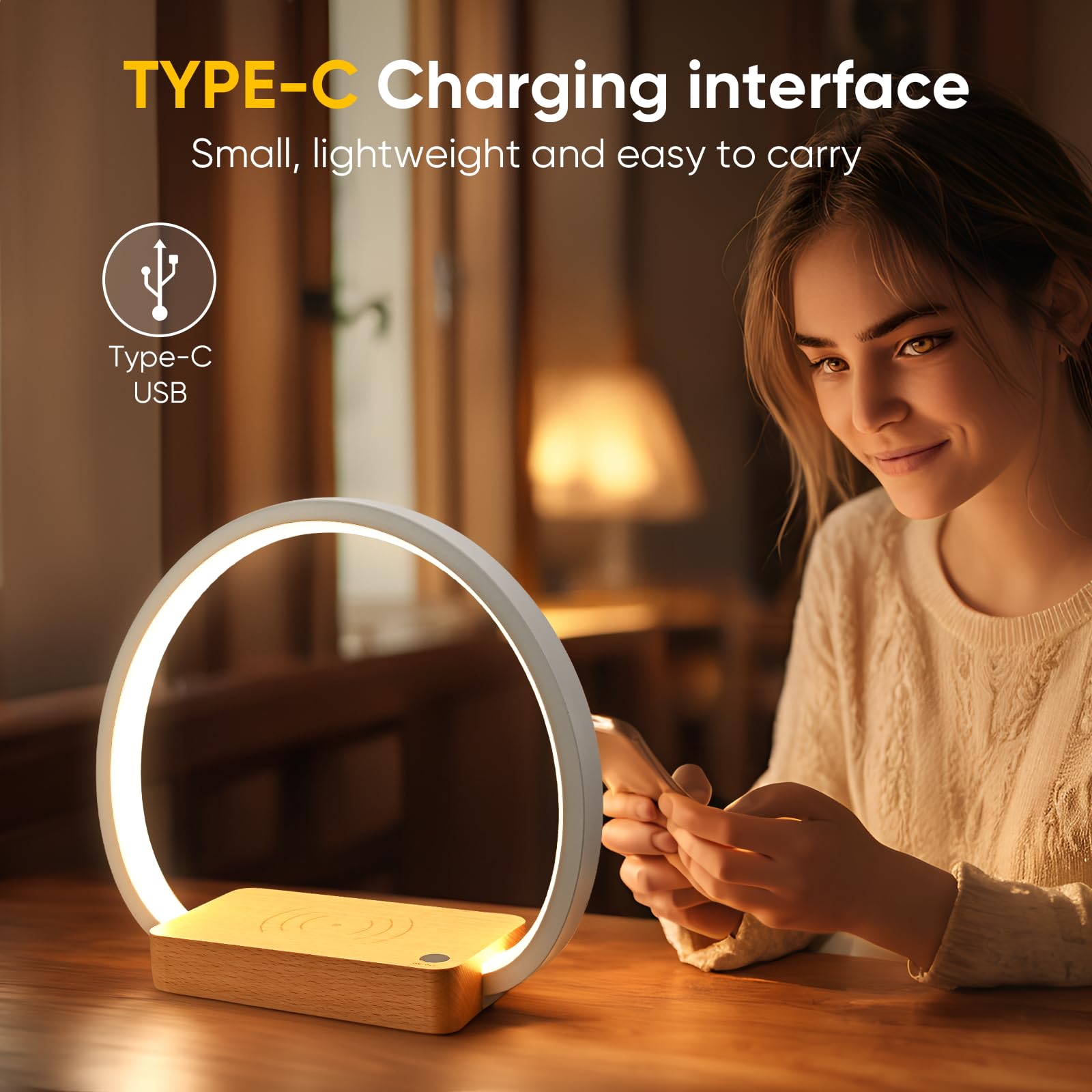 Lonrisway Wireless Charging Bedside Lamp,Premium Wooden Nightstand Light For Bedroom,Nursery Touch-Control Desk Lamp,Ideal Choice,Stepless Dimming& 3 Color Temps