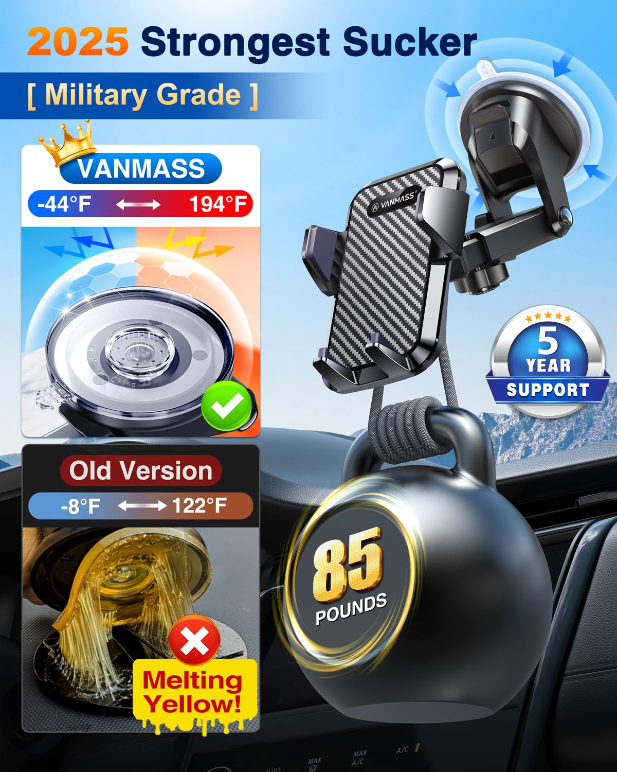 Vanmass 【85+Lbs Strongest Suction & Military-Grade  Ultimate Car Phone Mount【Patent & Safety Certs】 Cell Phone Holder Truck Stand For Dashboard Windshield Vent For Iphone 16 15 Pro Max 14 Samsung