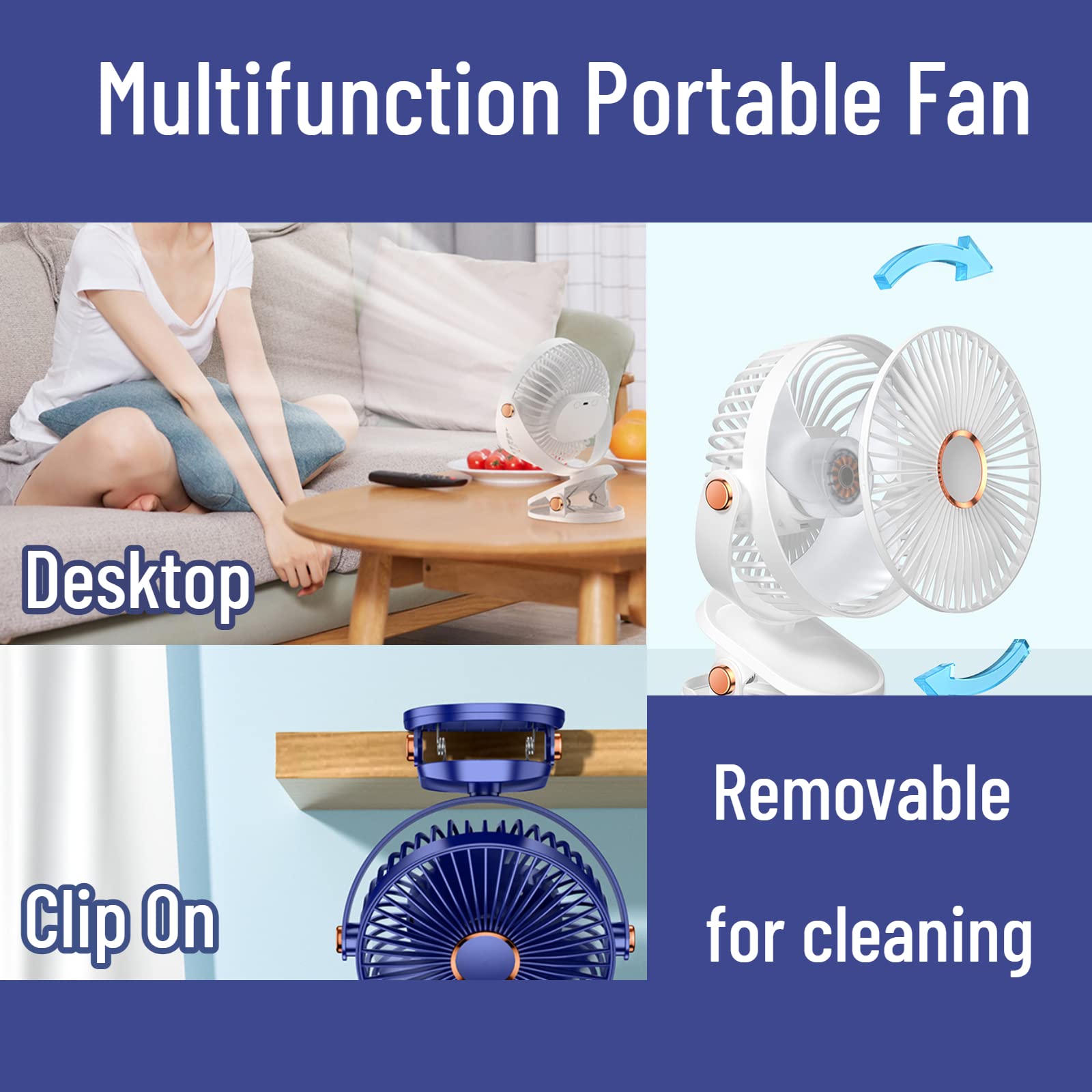 Desk Fan Clip On With Lights Usb Rechargeable 2400Mah 5 Level Speed Air Flow Portable Personal Mini