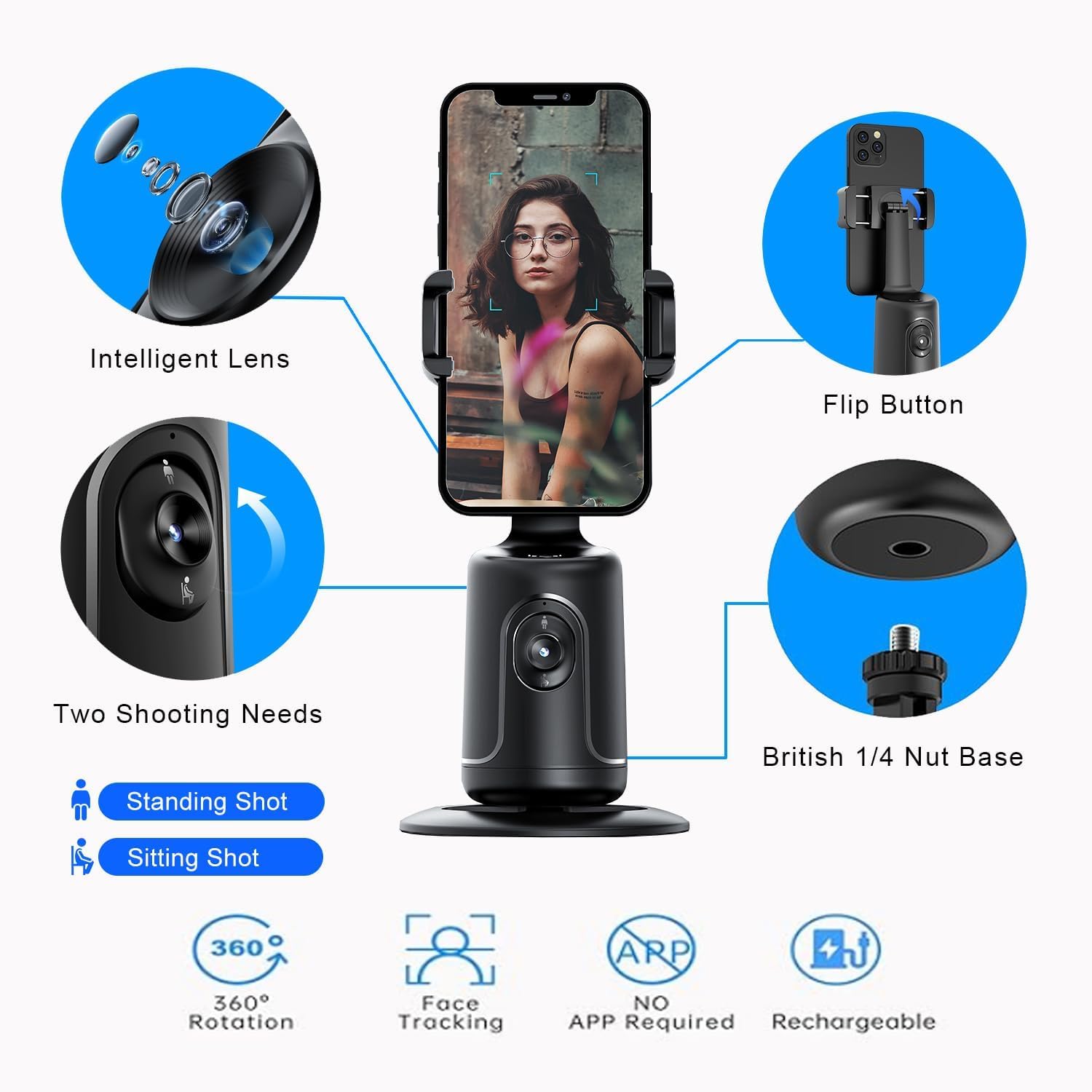 Kennmo Auto Face Tracking Tripod 360° Rotation Auto Tracking Phone Holder, No App, Phone Camera Mount With Gimbal Stabilizer And Gesture Control, Rechargeable Shooting Holder For Tik Tok, Youtube