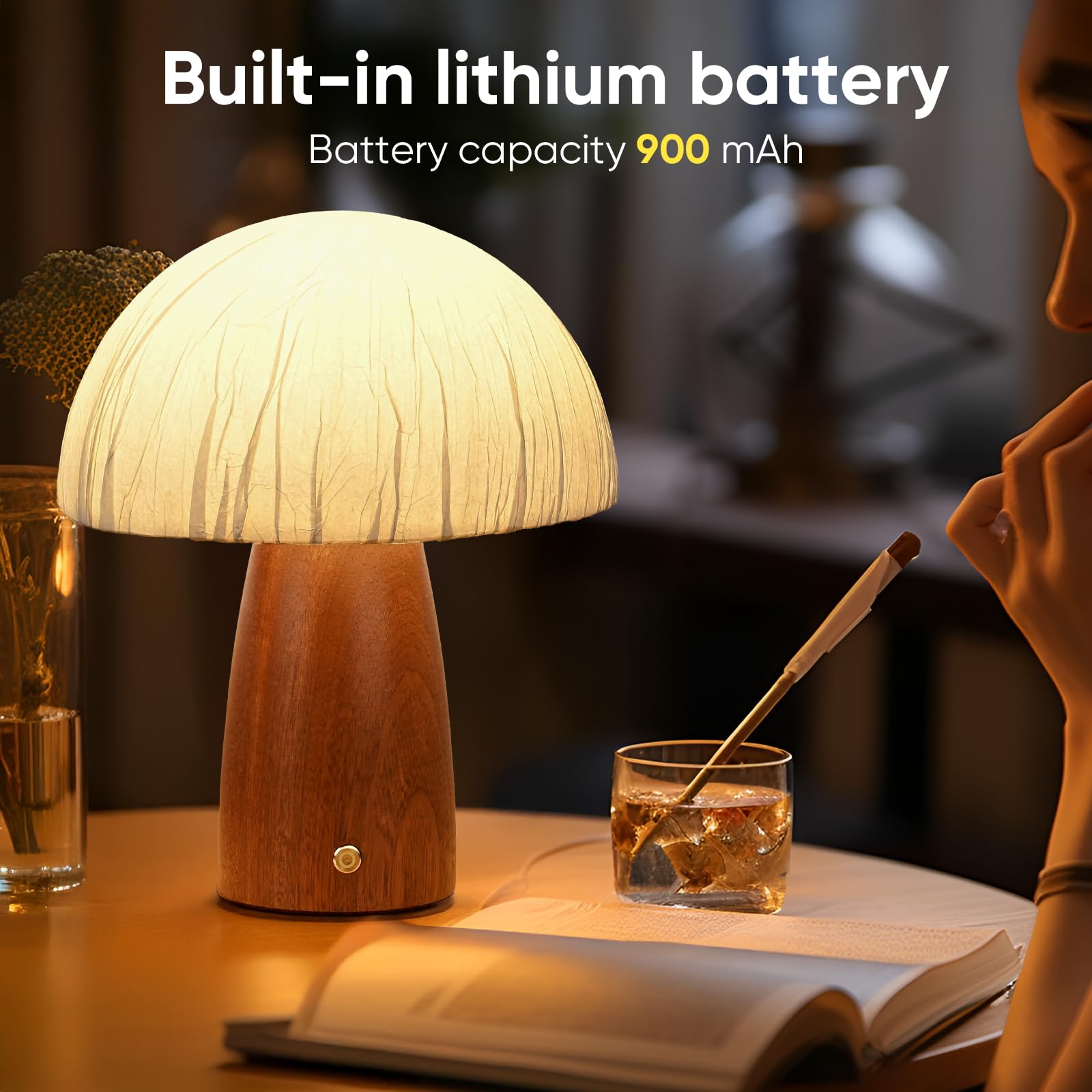 Moiandtoi Wood Mushroom Table Lamp, Led Small Bedside Touch Lamp, Rechargeable Portable Cordless Battery Operated Lamps For Night Stands Living Room, Bedroom,Office, Night Light For Birthday