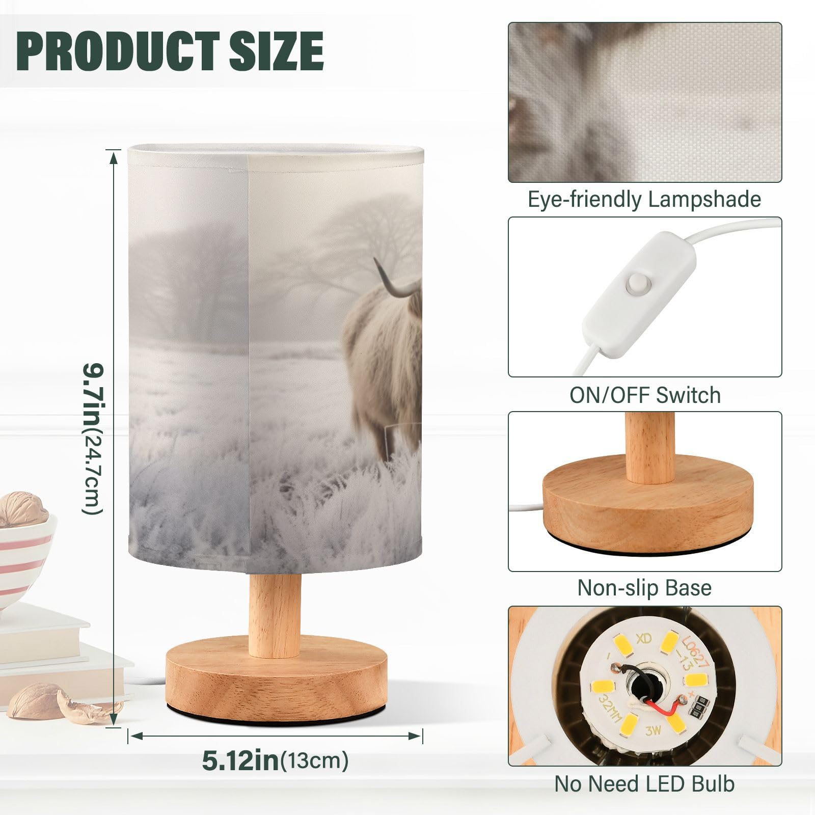 Keepreal Cool Highland Cow Bedside Table Lamp - Usb Small Nightstand Lamp, Wood Base Led Desk Light For Bedroom,Living Room, Office Desk