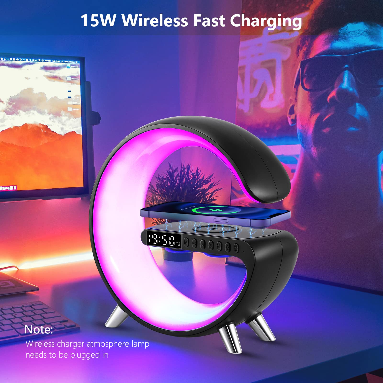Deecozy Multi Functional Wireless Charger Atmosphere Lamp, Intelligent Bluetooth Speaker Led Table Lamp,256 Lights Mode Dimmable Night Light Bedside Lamp Alarm Clock With Music Sync App Control(Black)