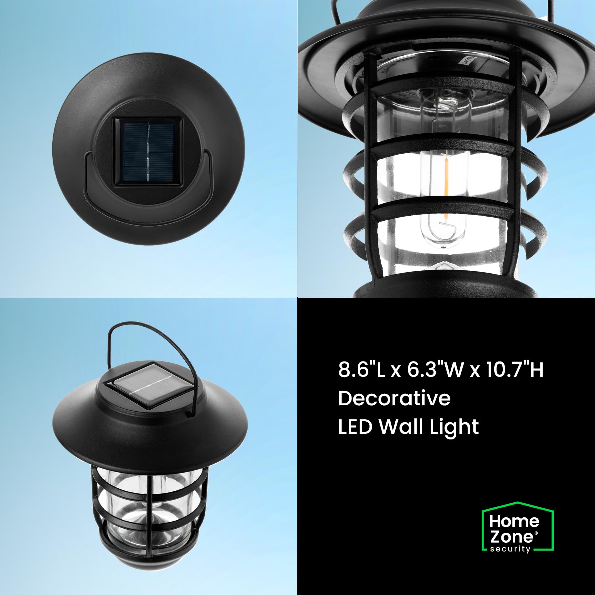 Home Zone Security 2-Pack Solar Wall Hanging Lights Lifepo4 Battery 3000K Warm 20Lm Up To 12 Hours Dawn Motion Sensor Auto, Ip65 Waterproof, No Wiring Required, Aluminum And Glass Construction