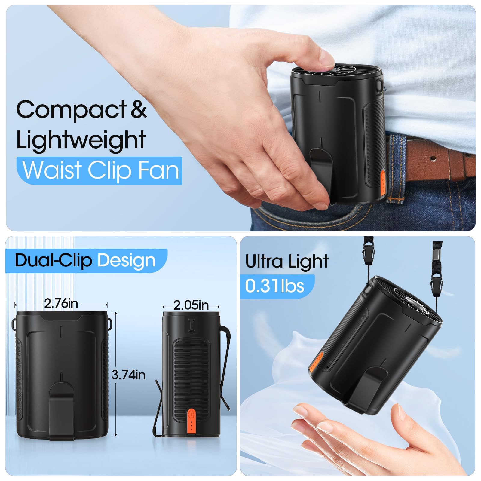 Portable Ai waist fan with 4 adjustable speeds, long-lasting 25-hour battery life for all-day comfort