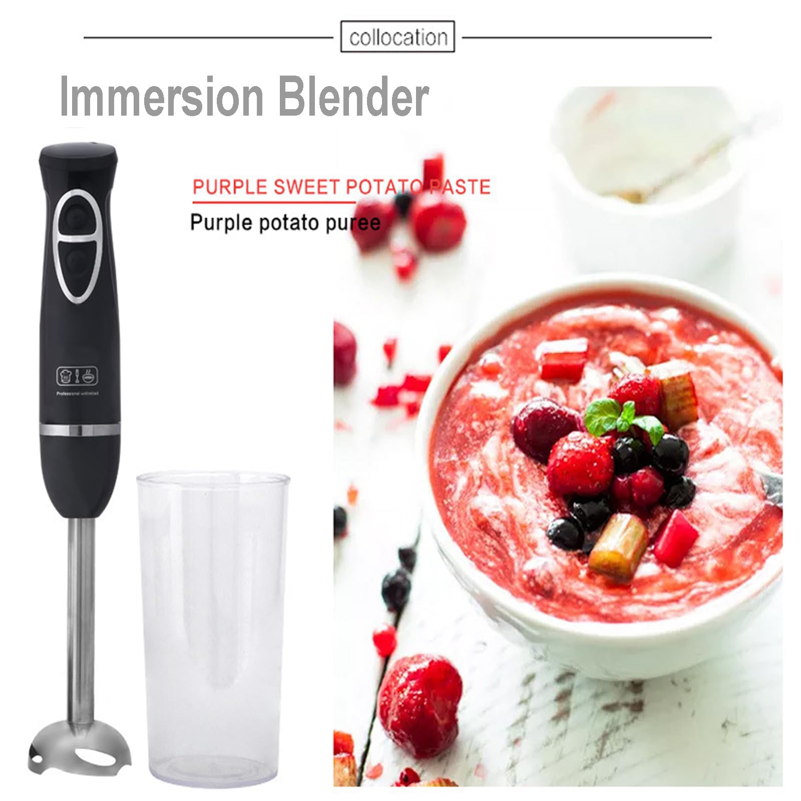 Uniqus Handheld Immersion Blender With 2-Speed Stirrers Electric Whisk Kitchen Essentials Set For Food Sauces Soups Includes Egg-Beater, Muddler, Cuisine Cup, Chopped Meat Bowl 4-In-1 Hand Blender