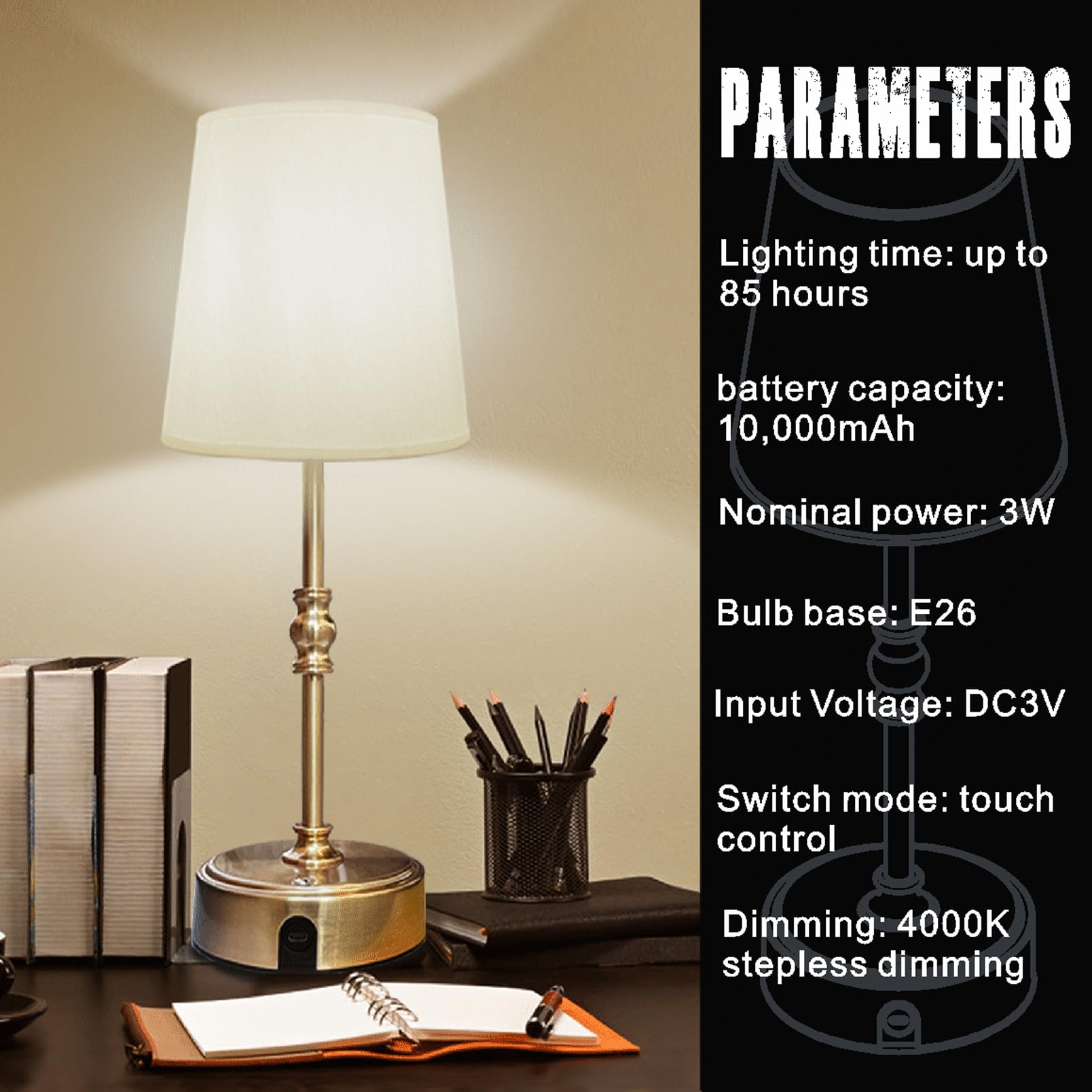 Joculator Bedside Desk Cordless Table Lamp - Dimmable, With Rechargeable Battery For Living Room, Home Office, Patio, Restaurant, Bedside Night Lamp, House Party, And Wedding Ambient Light, Antique Brass