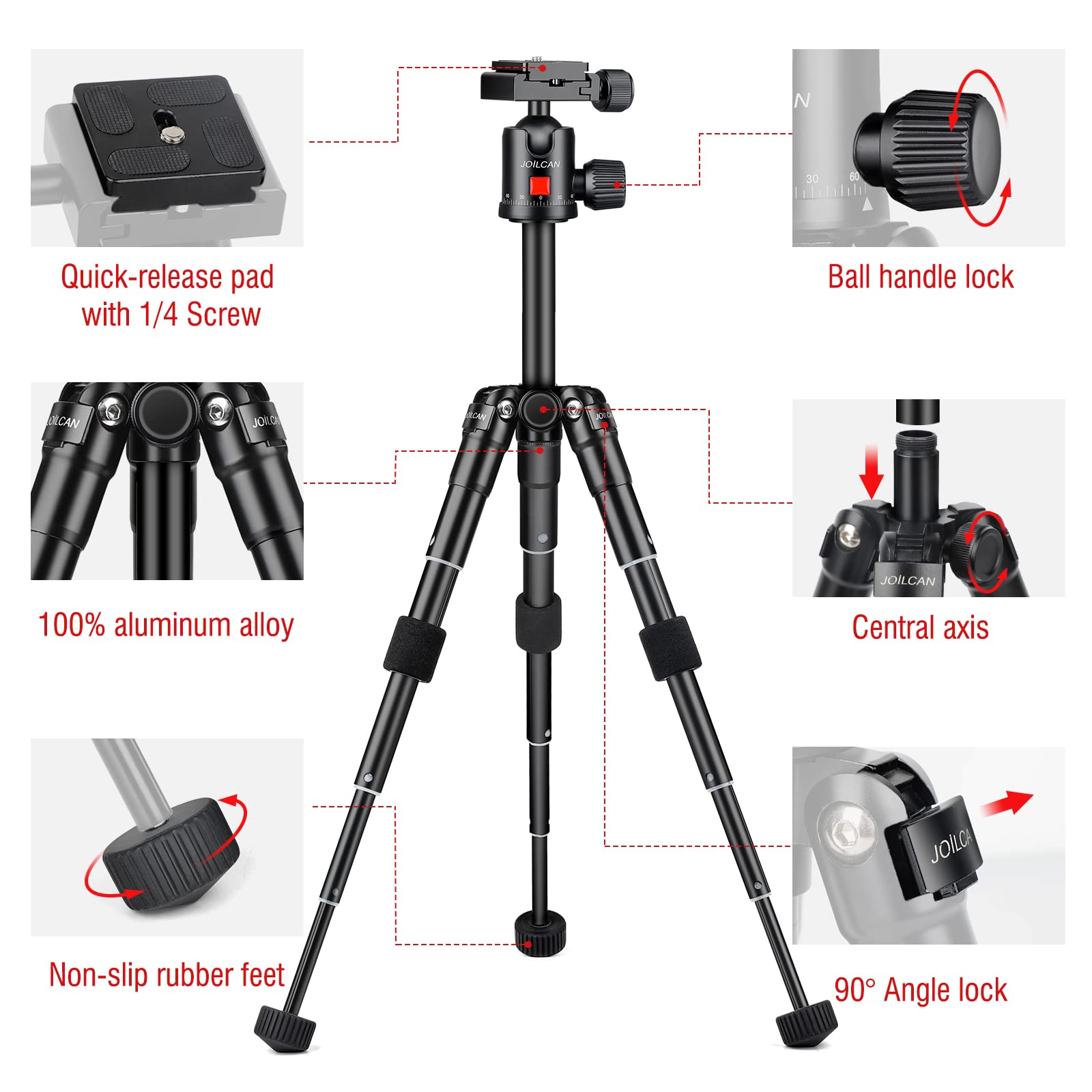 Joilcan Mini Tripod For Camera, 21" Aluminum Desktop Tripod With 360° Ball Head, Portable Travel Tripods For Dslr Phone Projector, Load Up To 15Lb