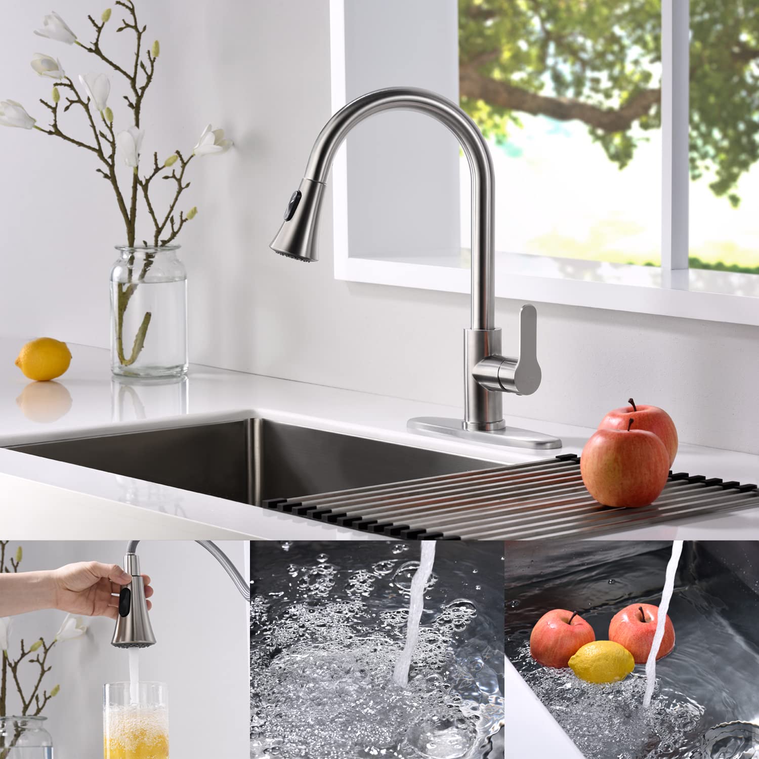 Amazing Force Kitchen Faucet With Pull Down Sprayer 2 Modes Stainless Steel Kitchen Sink Faucet Single Handle Faucet For Kitchen Sink Rv Kitchen Faucet Laundry Sink Faucet With 1.8Gpm, Brushed Nickel