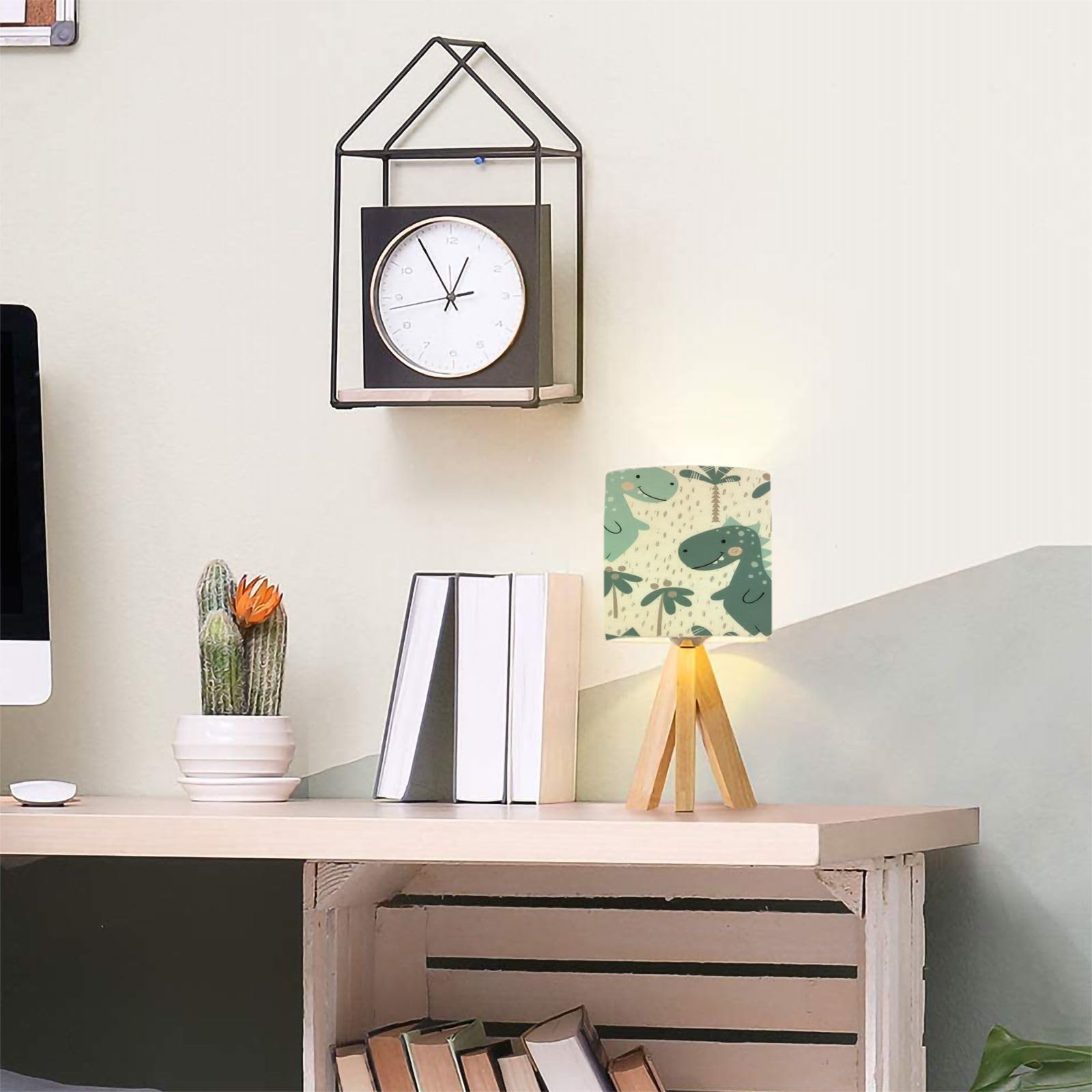 Dqwijakx91 Tripod Table Lamp Dinosaur Baby Boy Seamless Pattern Sweet Dino Palm Scandinavian Cute Modern Bedside Dimmable Desk Lamp Wooden Base Fabric Lampshade For Kids Room, Nursery, Bedroom, Living Room