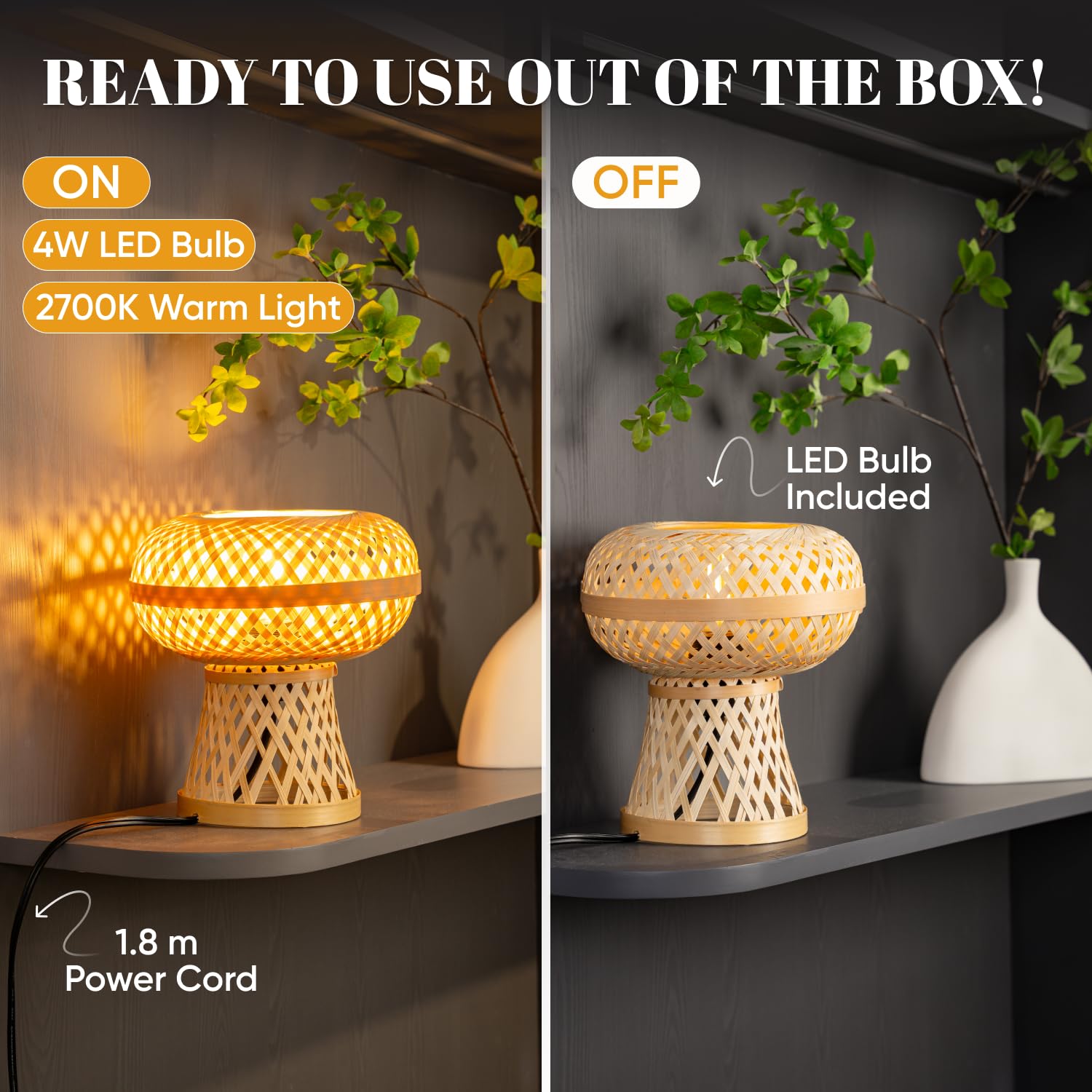 Journee Home Mushroom Rattan Dimmable Table Lamp - 8.6"X8.6" Handwoven Wicker Desk Lamp, Bulb Included, Beautiful Mushroom Shape, Durable, Easy Setup, Lighting For Bedroom, Desk, Home Office Decor