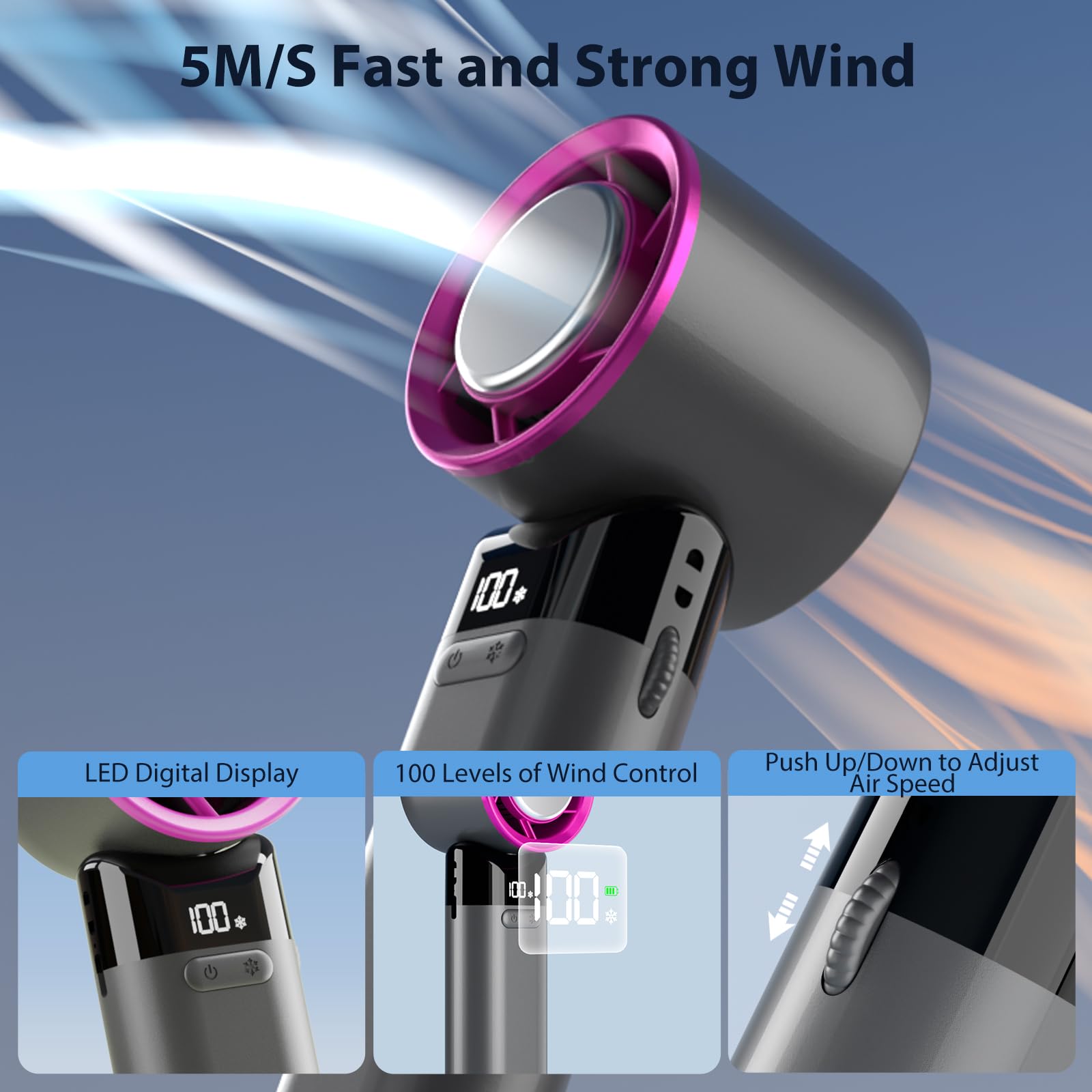 Portable Handheld Fan, 100 Speed Adjustable Turbo Mini Fan With Lower The Temperature Mode, 3000 Mah