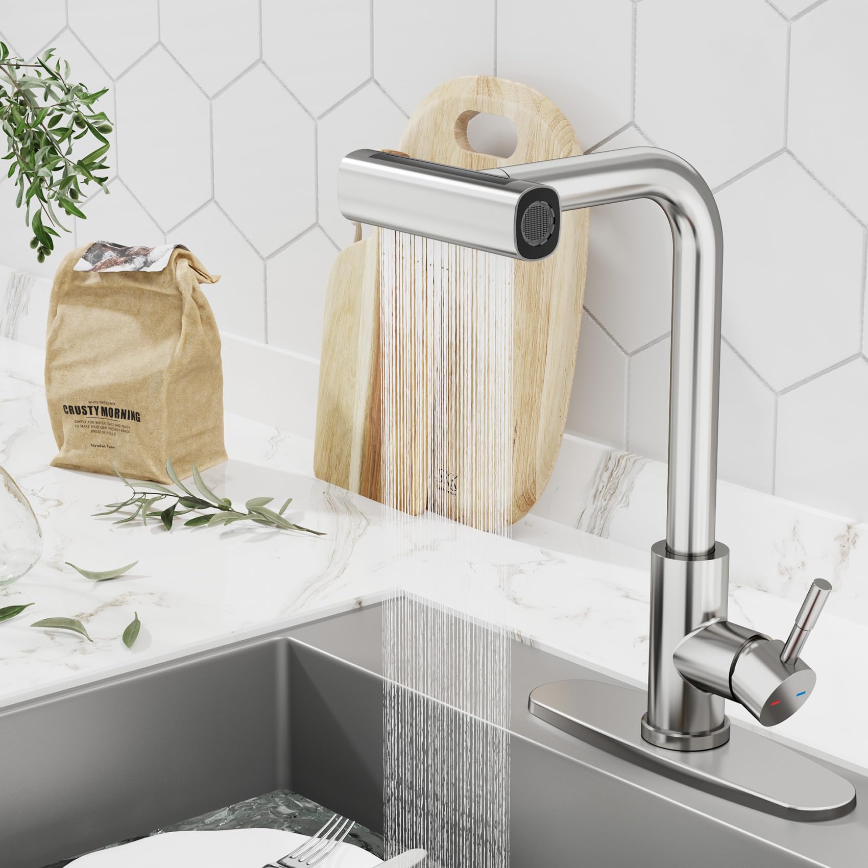 Arrisea Kitchen Faucet With Pull Down Sprayer, Brushed Nickel Pull Down Kitchen Faucets, Waterfall Faucet For Kitchens Sink, 4 Function Kitchen Sink Faucet