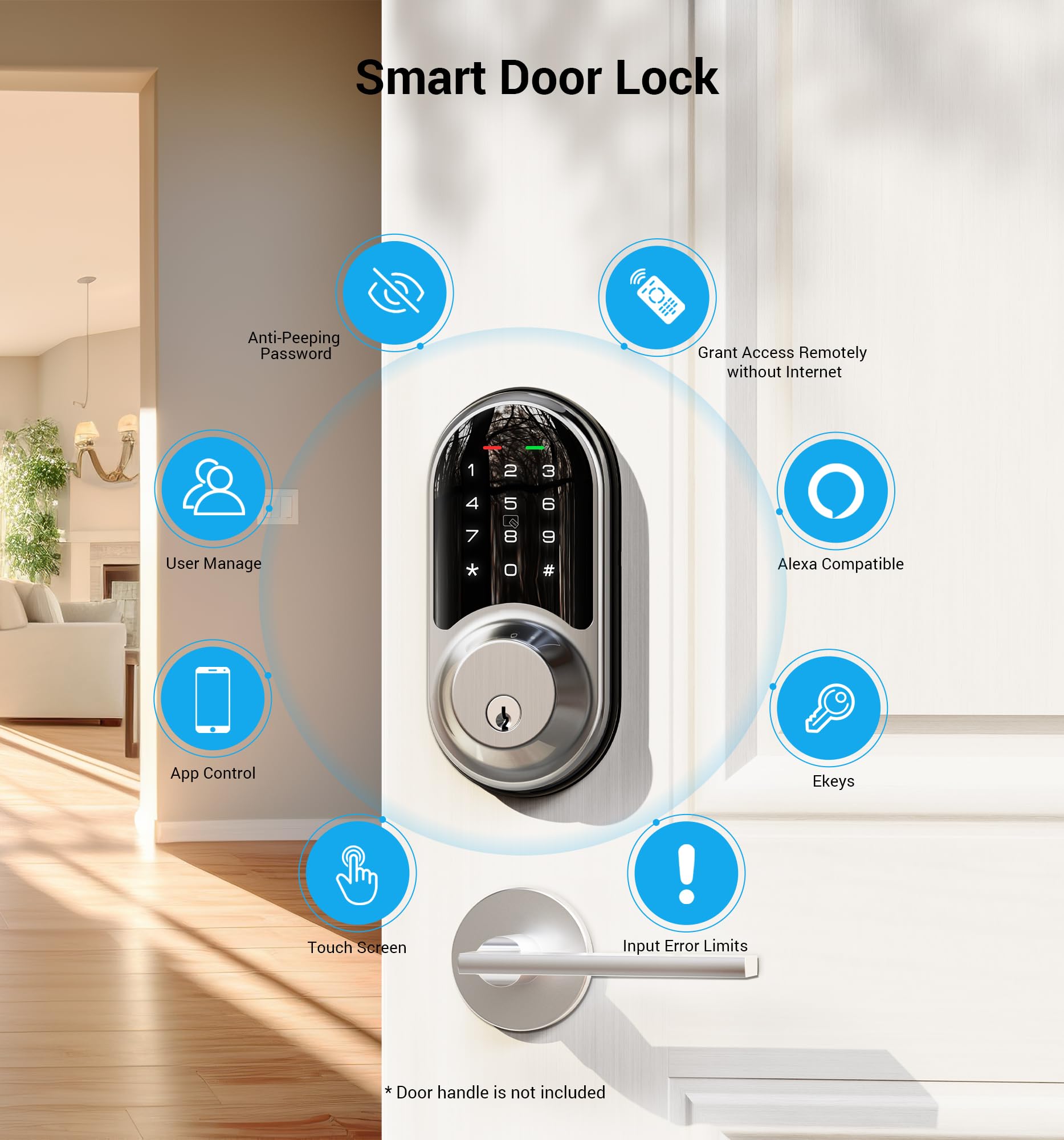Veise Rz06 Smart Lock For Front Door With App Control, Keyless Entry, Electronic Digital Deadbolt With Touchscreen Keypad Set, Smart Deadbolt, Auto Lock, Easy Installation, Satin Nickel
