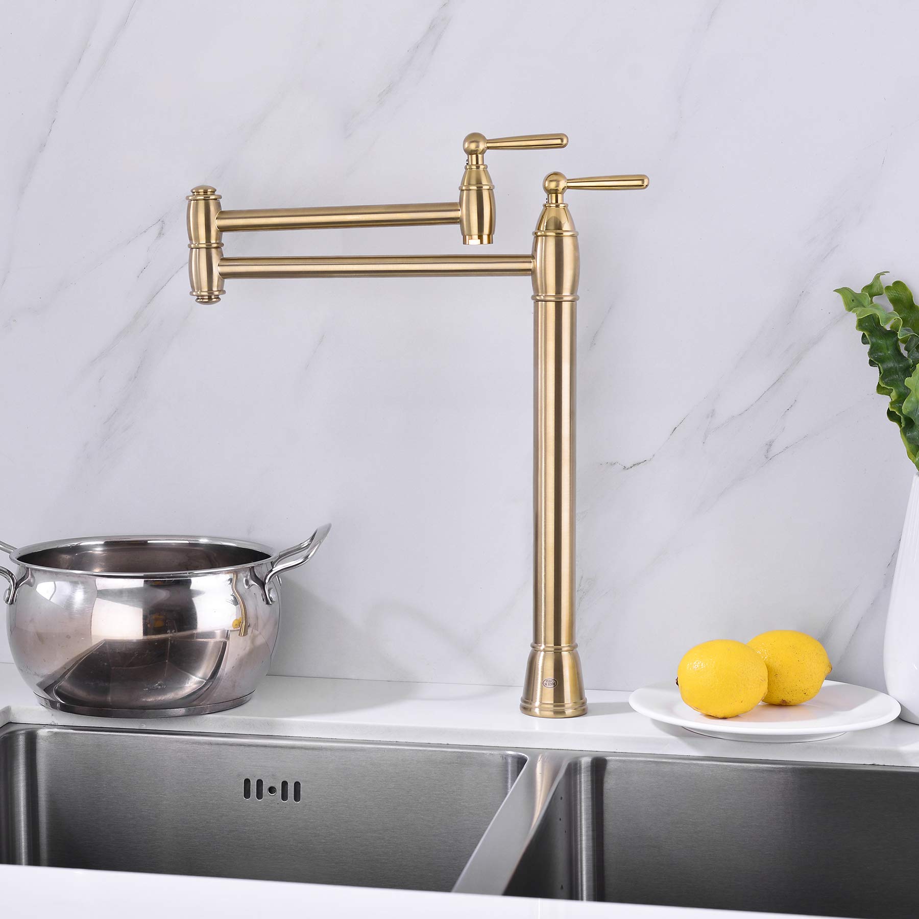 Avola Gold Pot Filler Deck Mount, Brushed Gold Pot Filler Faucet,Double Swing Kitchen Folding Countertop Faucet 2 Handle With Stretchable Double Joint Swing Arms Brass Stove Faucet