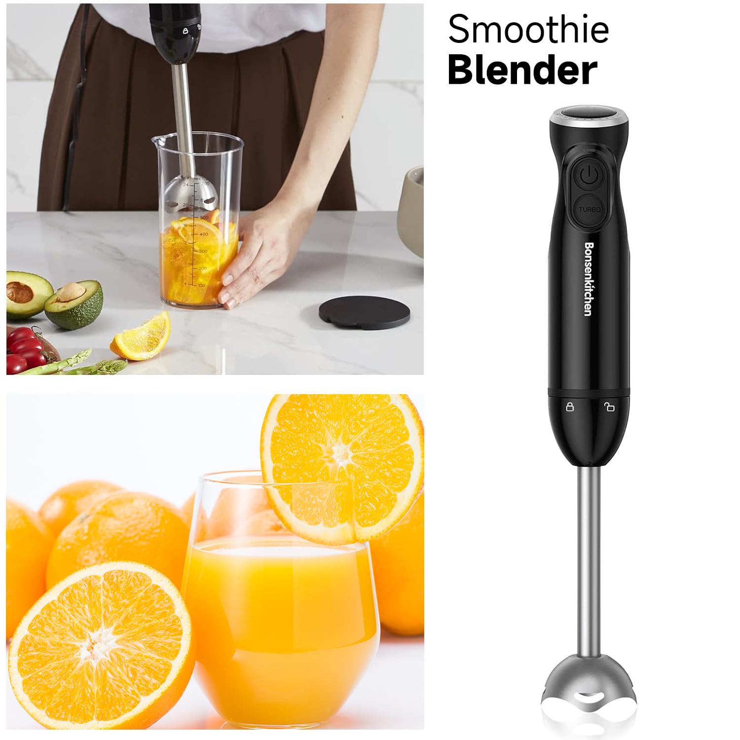 Bonsenkitchen Immersion Blender, 12-Speed & Turbo, Electric Stick Blender With Sharp Blades, Egg Whisk, 24Oz Beaker, Perfect For Soups, Smoothies, Sauces, Easy Clean, Versatile