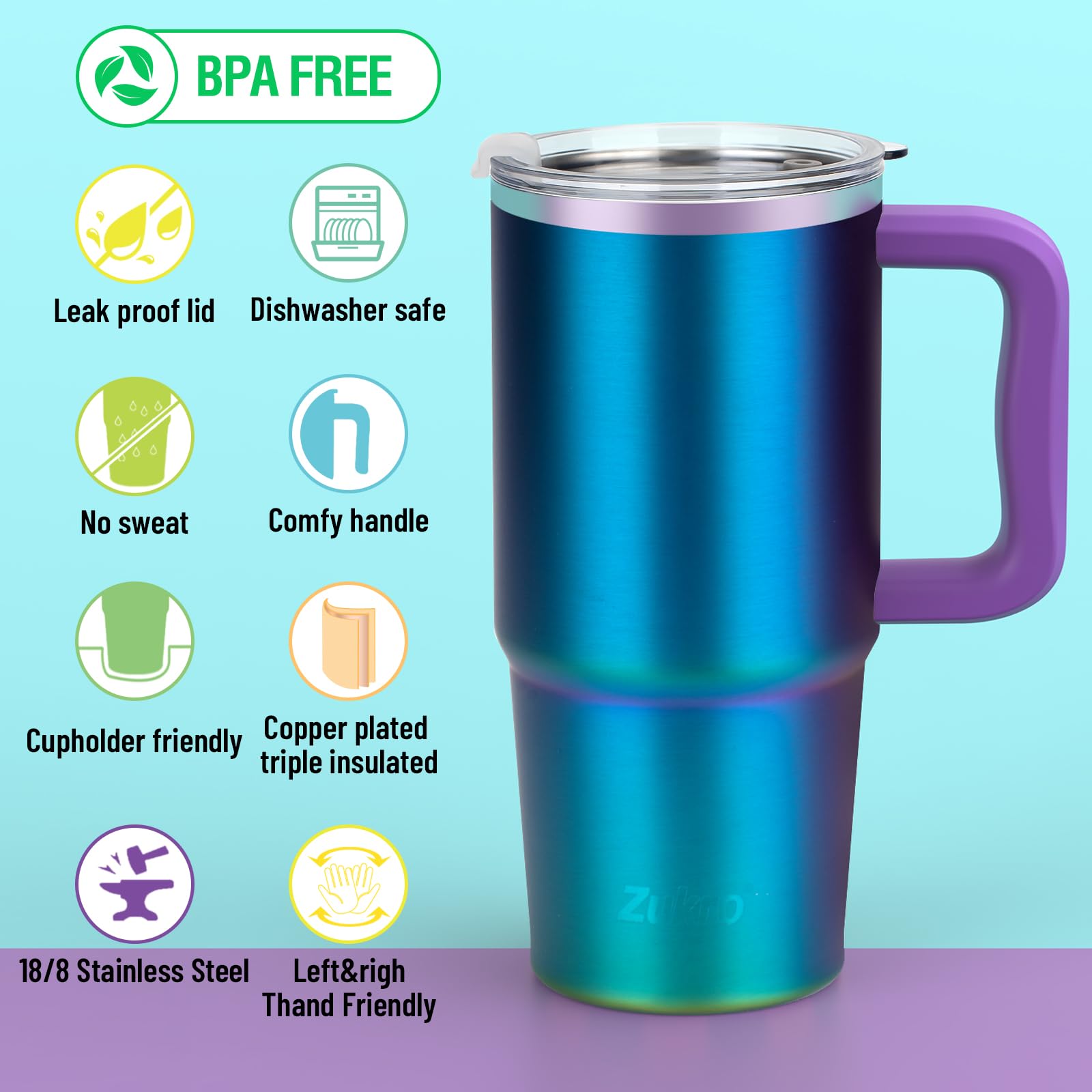 Zukro 24 Oz Tumbler With Handle And Straw, Triple-Wall Vacuum Insulated Coffee Travel Mug
