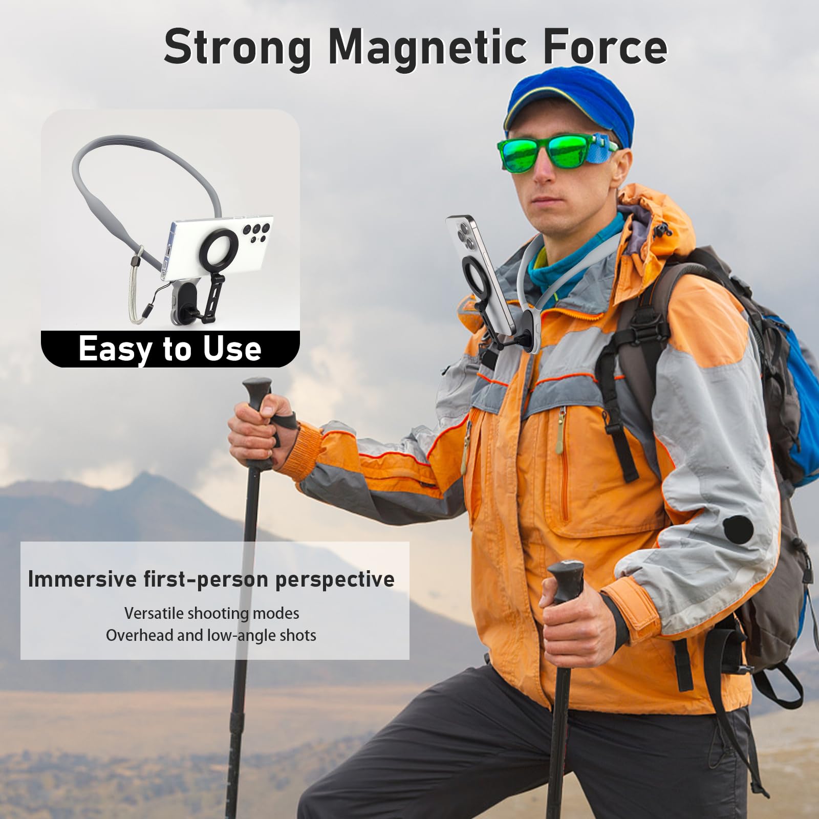 Sxau Magnetic Neck Mount For Phones, Hands- Magnetic Neck Cell Phone Holder For Iphone 15/14/13/12 Series And Android Phones (Grey), Mnh-003