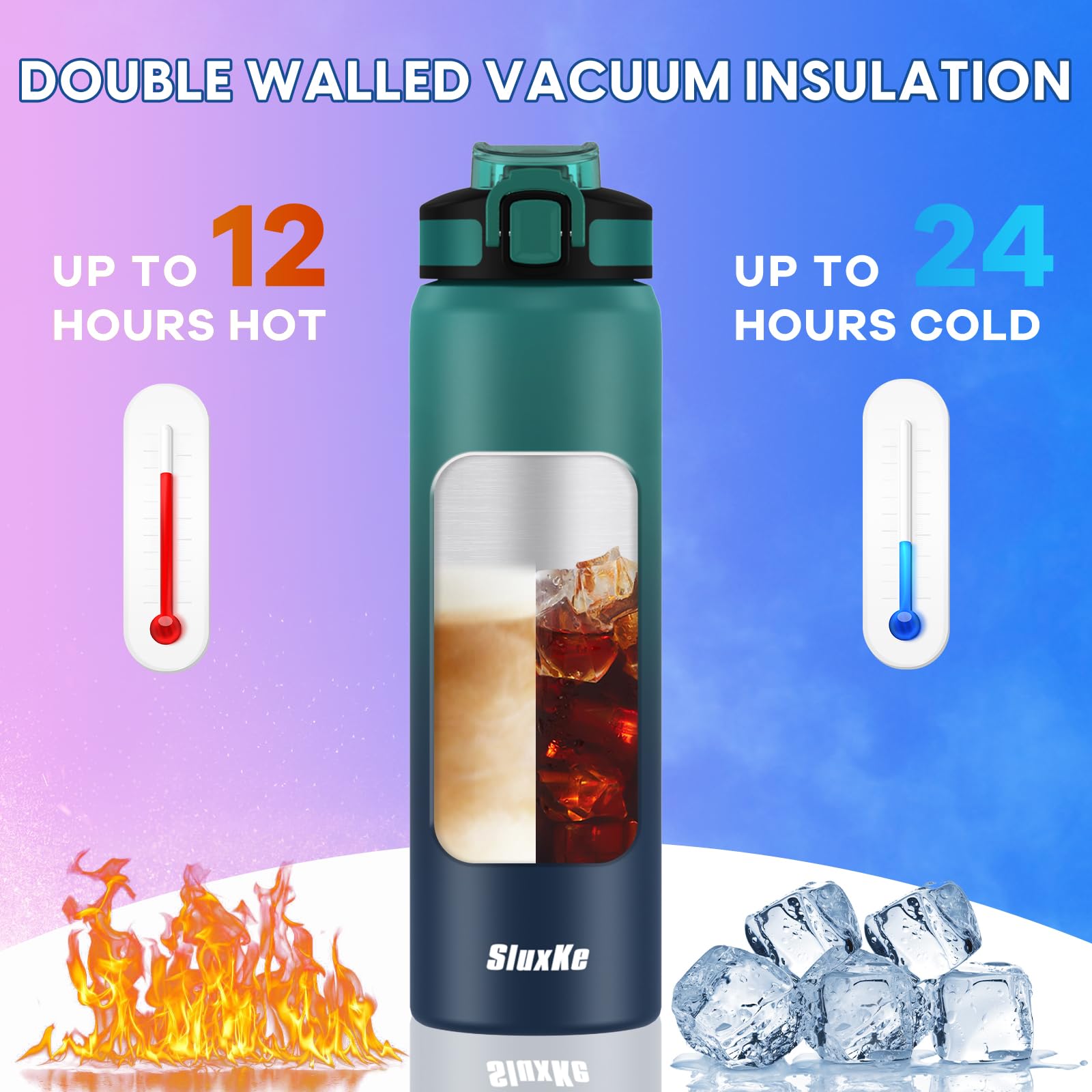 24Oz Leakproof Insulated Water Bottle With Straw, Double Wall, 18/8 Stainless Steel Drinking Bottle