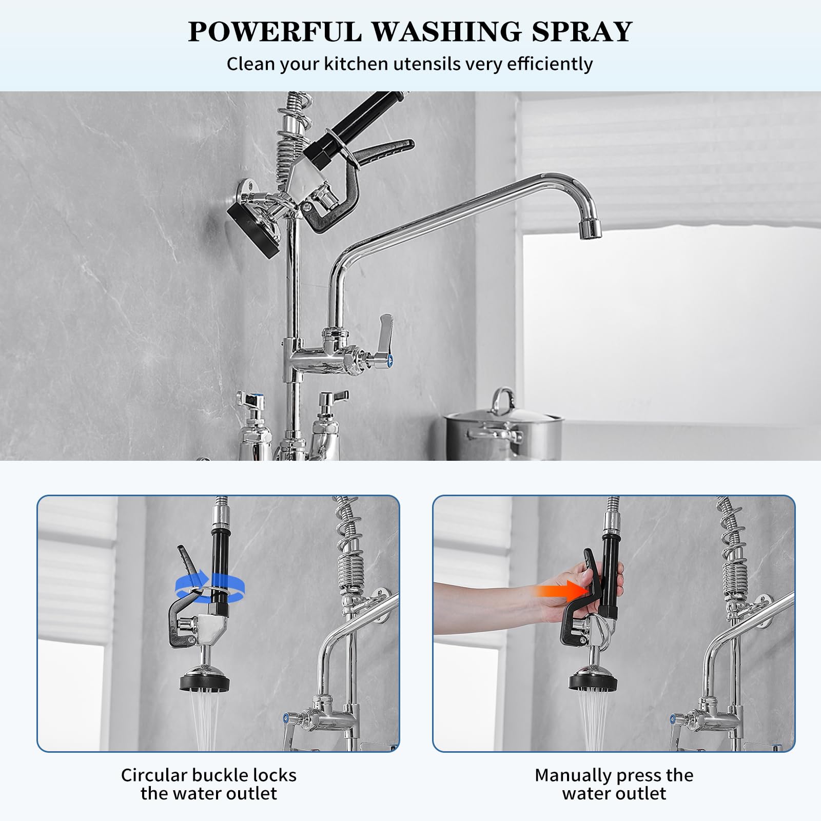 Bathfinesse Commercial Kitchen Faucet, Wall Mount Faucet, Commercial Faucet With Sprayer, 8'' Center 3 Compartment Sink Faucet With 12'' Swing Spout, Chrome