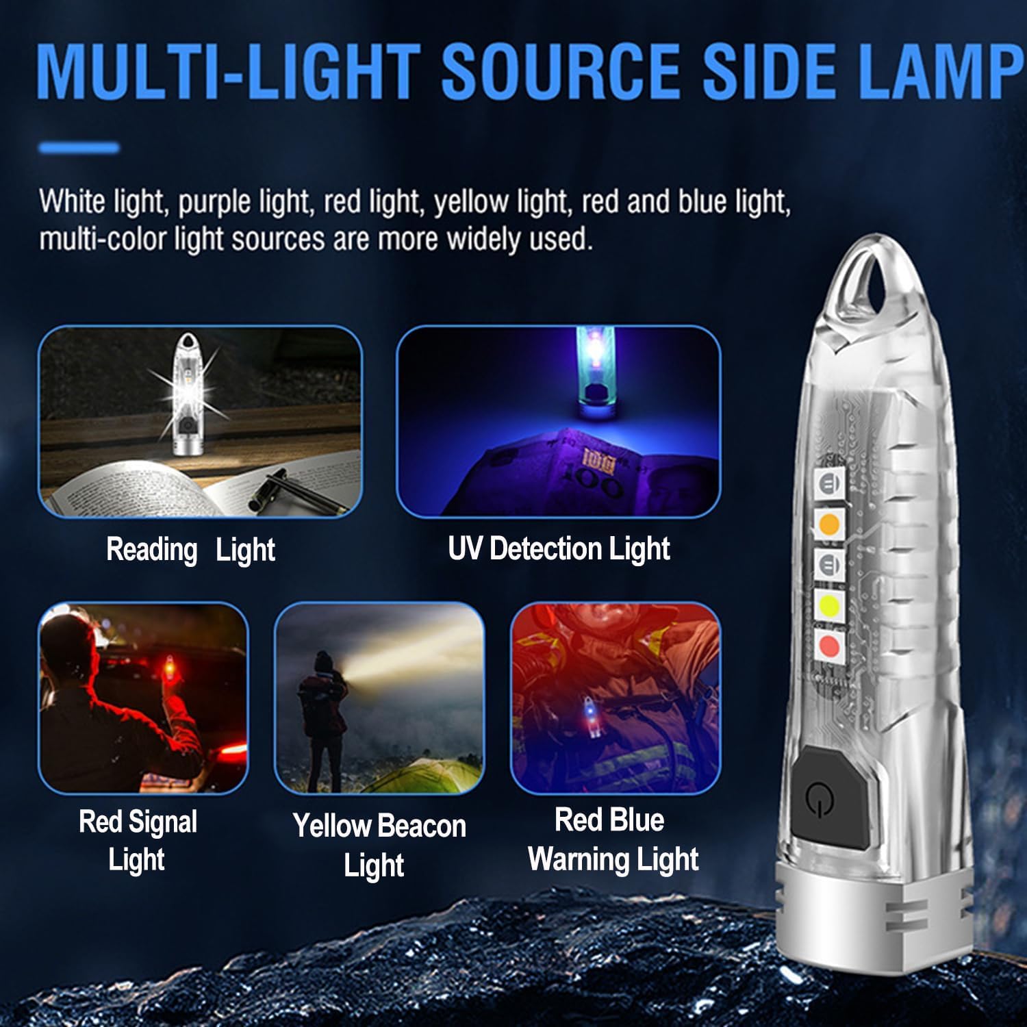 Mviocs V1 Mini Keychain Led Flashlight, 400 Lm Powerful 12 Modes With Uv Red Blue Yellow Side Light, Rechargeable Emergency Edc Pocket Light For Daily Use, Outdoor