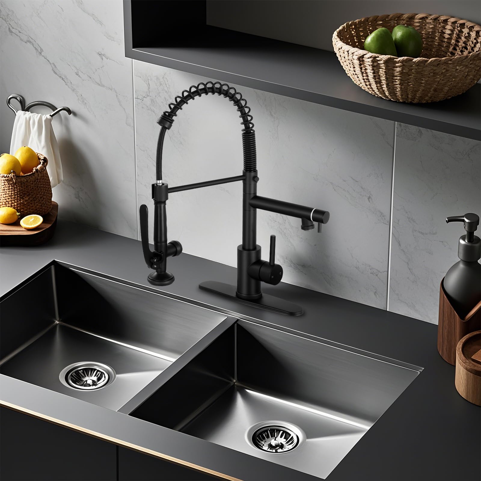 Fgkq Fgkq,Kitchen Faucets With Pull Down Sprayer, Commercial Kitchen Faucets, Two Head Kitchen Sink Faucets, High Pressure Faucet For Kitchen Sink, Stainless Steel, Black