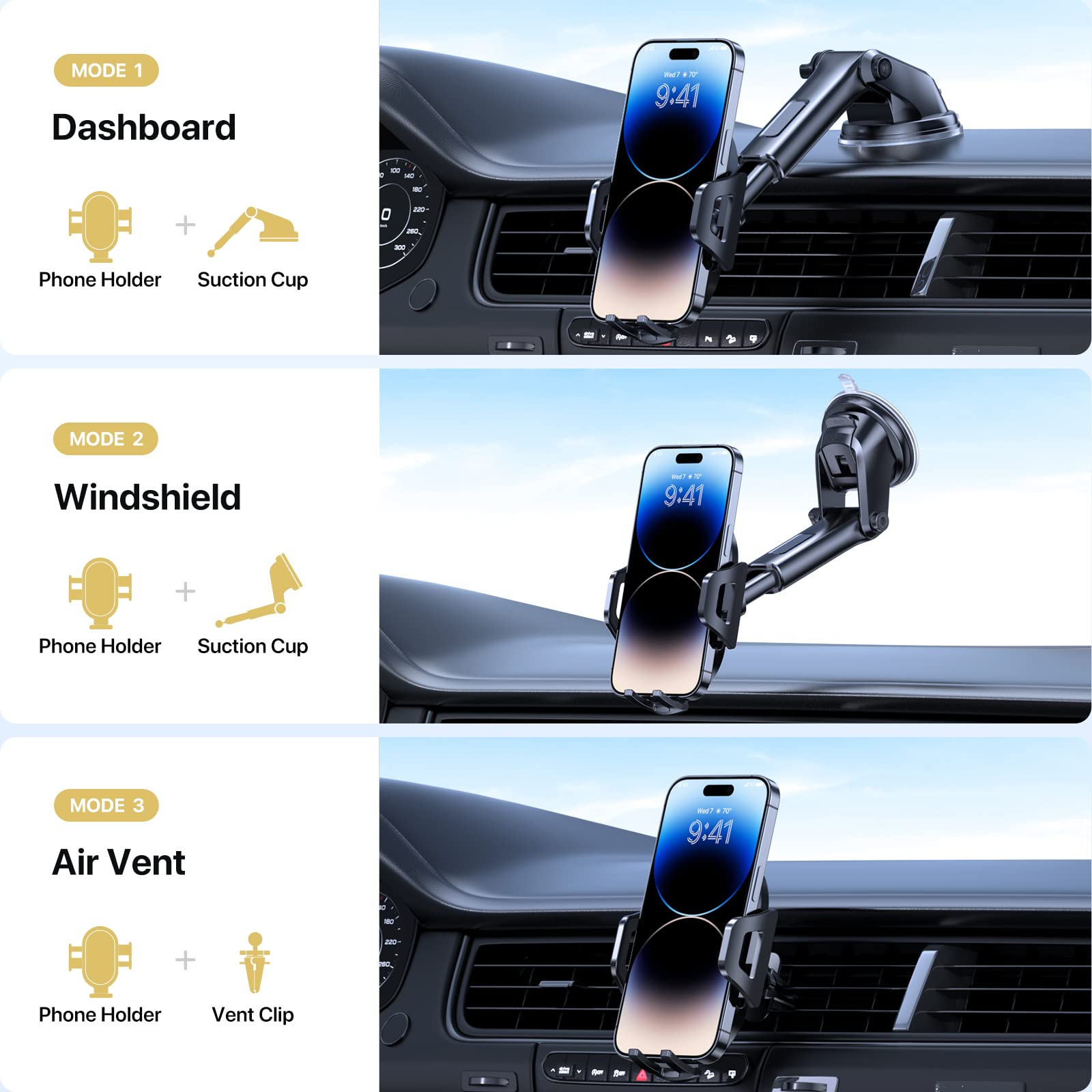 Lotuny Universal Phone Mount For Car, Reliable Suction Hands- Car Phone Holder Mount, Automobile Cell Phone Holder Car For Dashboard Windshield Vent Fit For All Smartphones