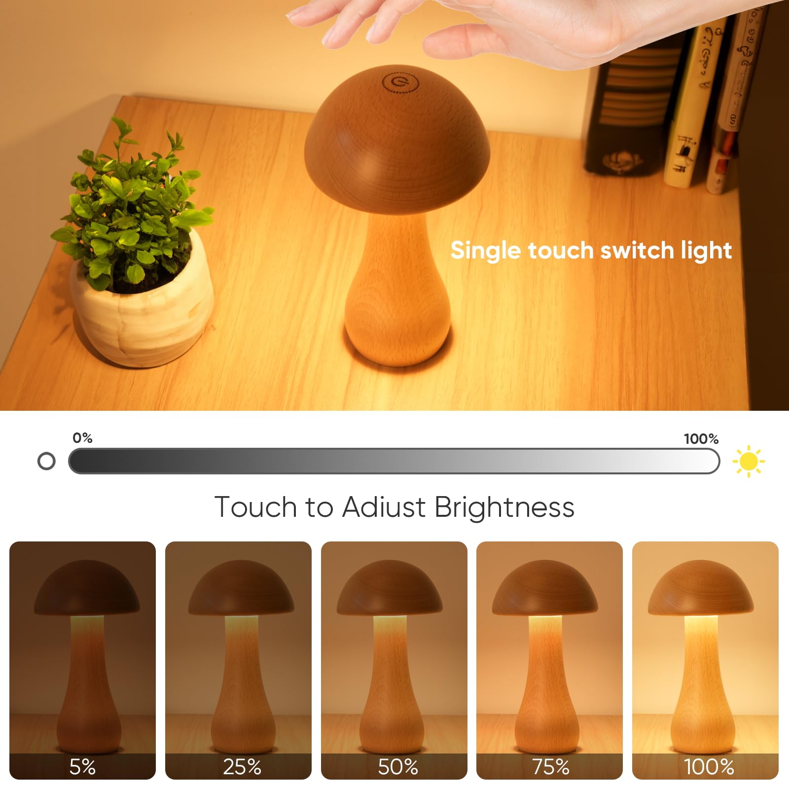 Moroommt Wooden Small Mushroom Lamp, Touch Switch Cordless Table Lamp For Nightstand, Rechargeable Battery Operated Night Light, 360 Degree Rotation Adjustable, Stepless Dimming Desk Lamps For Living Room
