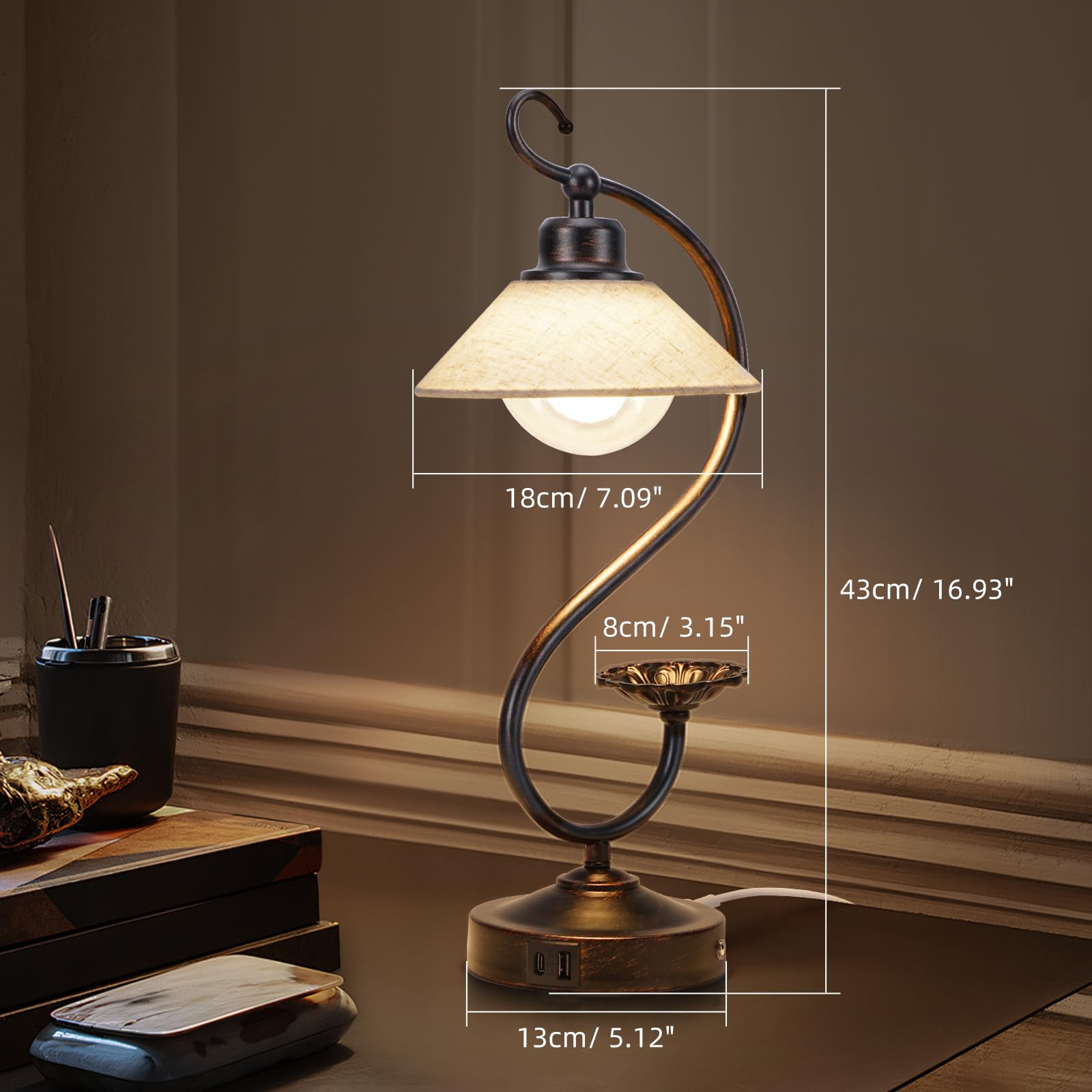 Hymela V05 Vintage Flower Table Lamp - Dimmable Nightstand Lamps With Usb C+A Charging Ports, Farmhouse Touch Bedside Lamp, Unique Small Led Lamps For Bedroom, Living Room, Entry, Dining, Entryway