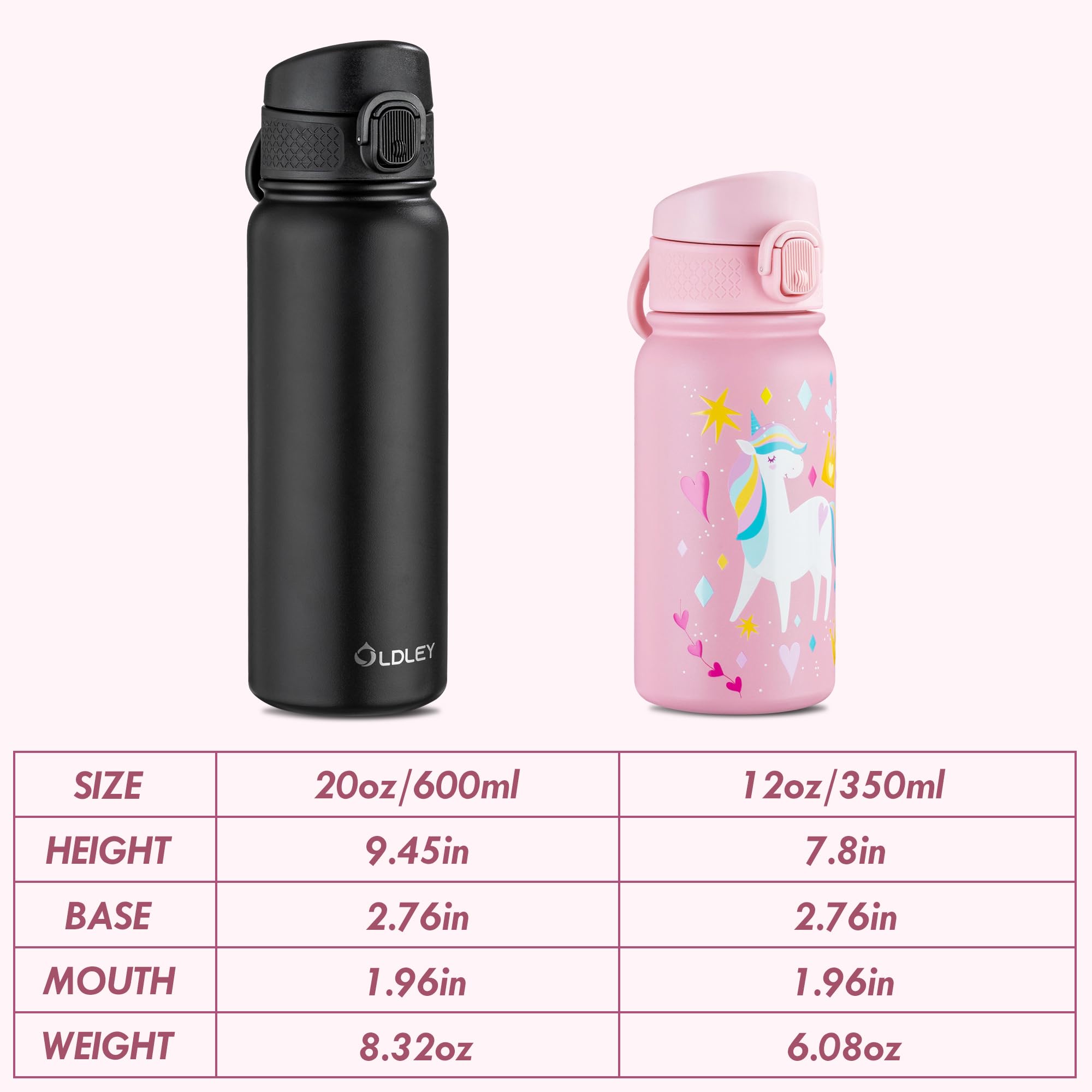 Oldley 12Oz Kids Water Bottle, Stainless Steel Insulated Water Bottle For Kids, With Straws Leak-Pr