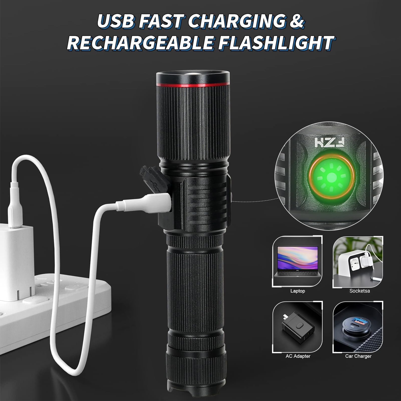 Fzh Flashlights High Lumens Rechargeable 2Pc 10000Lm Led Infinitely Dimmable Super Bright Usb Flash Light Powerful Handheld Utility Torch, 5 Modes, Waterproof For Outdoor Emergencies Camping