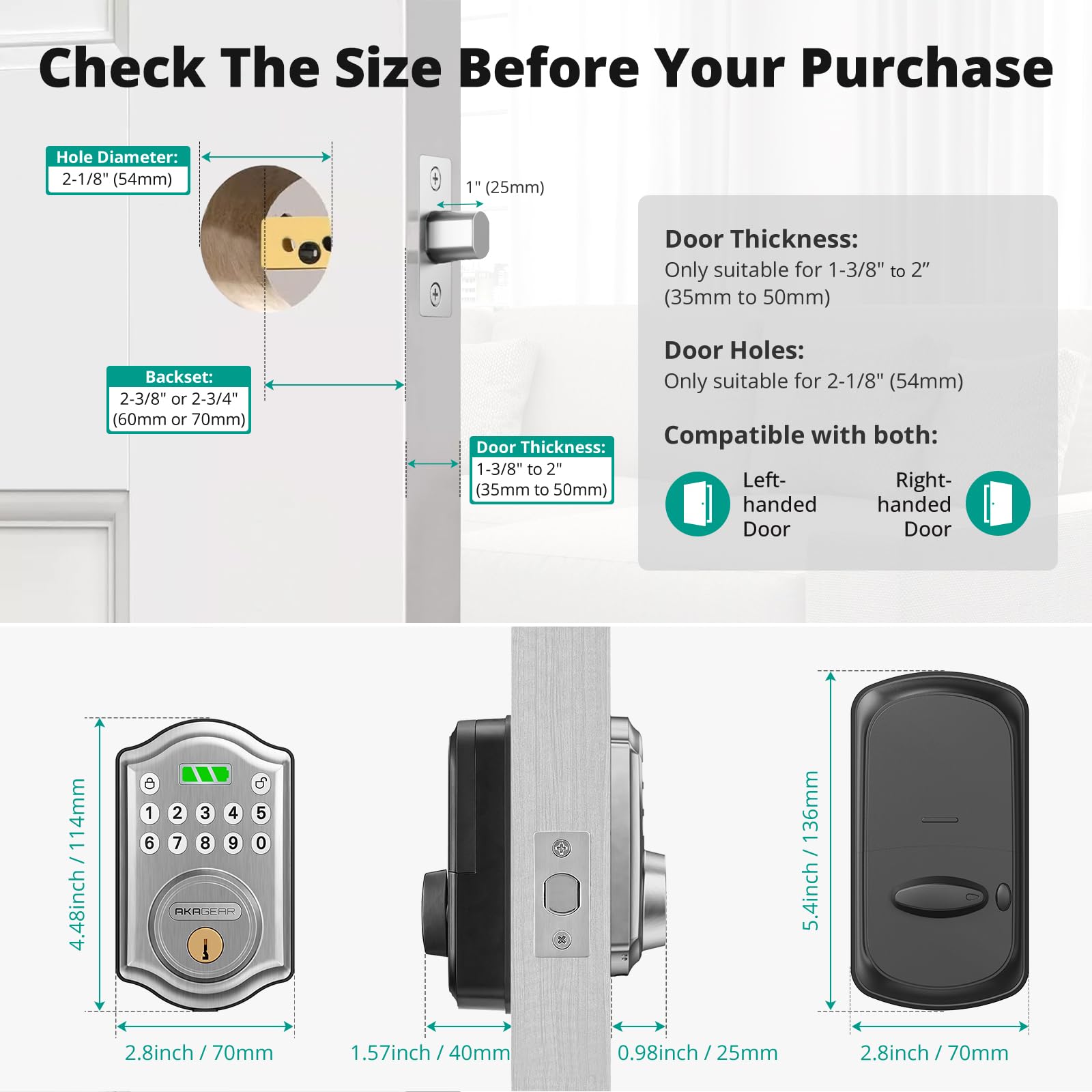 Akagear Keyless Entry Door Lock With Keypad - Smart Deadbolt Lock For Front Door With 2 Keys - Auto Lock - Easy Installation - Ds10 Mini (Satin Nickel)
