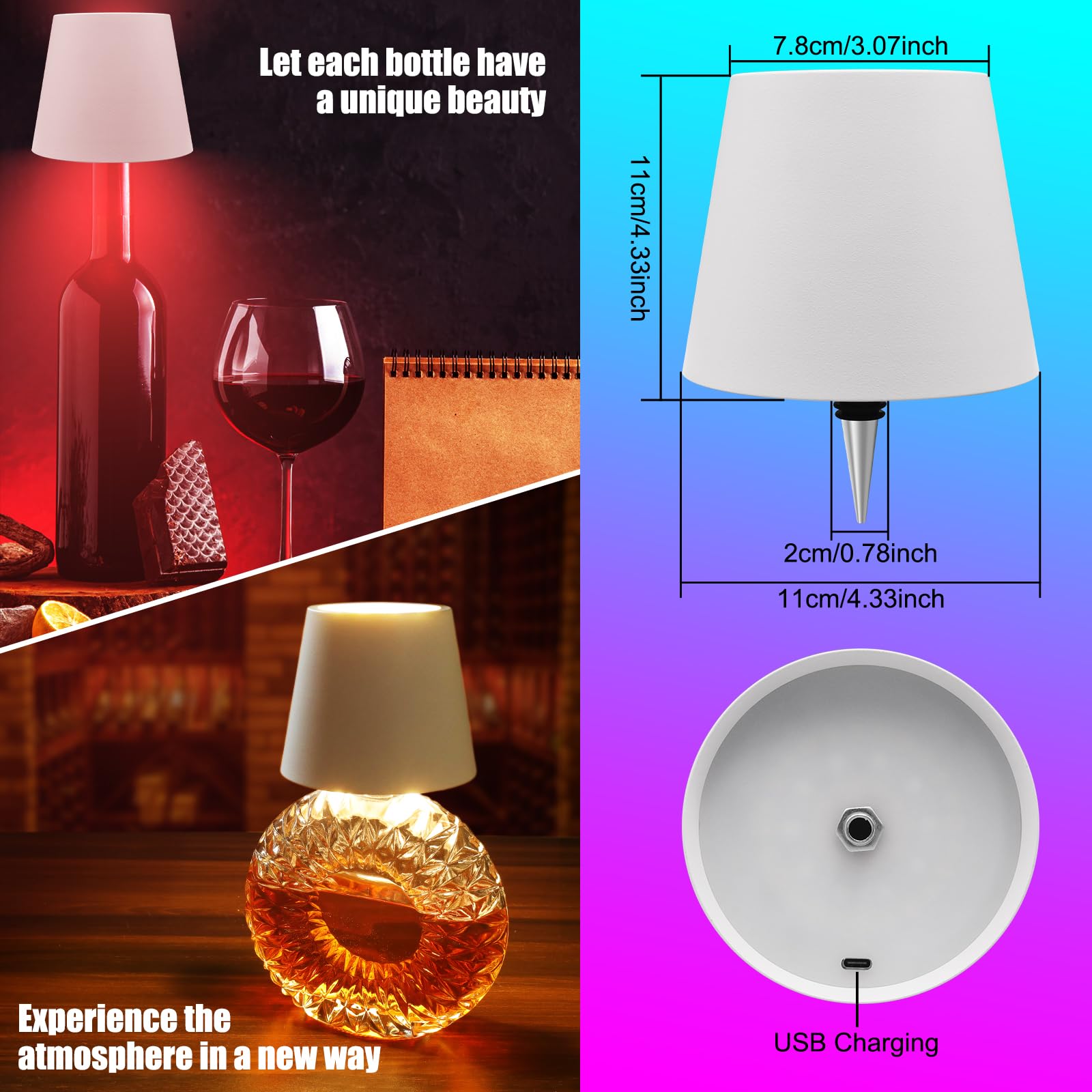 Tgxcf Wireless Bottle Lamp With Metal, Rgb Modes & 3 Color Stepless Dimming Wine Bottle Lamp Shade With 2500Mah Battery, Touch Led Rechargeable Dimmable Bottle Table Lamp, For Dining Room Bedroom Bar