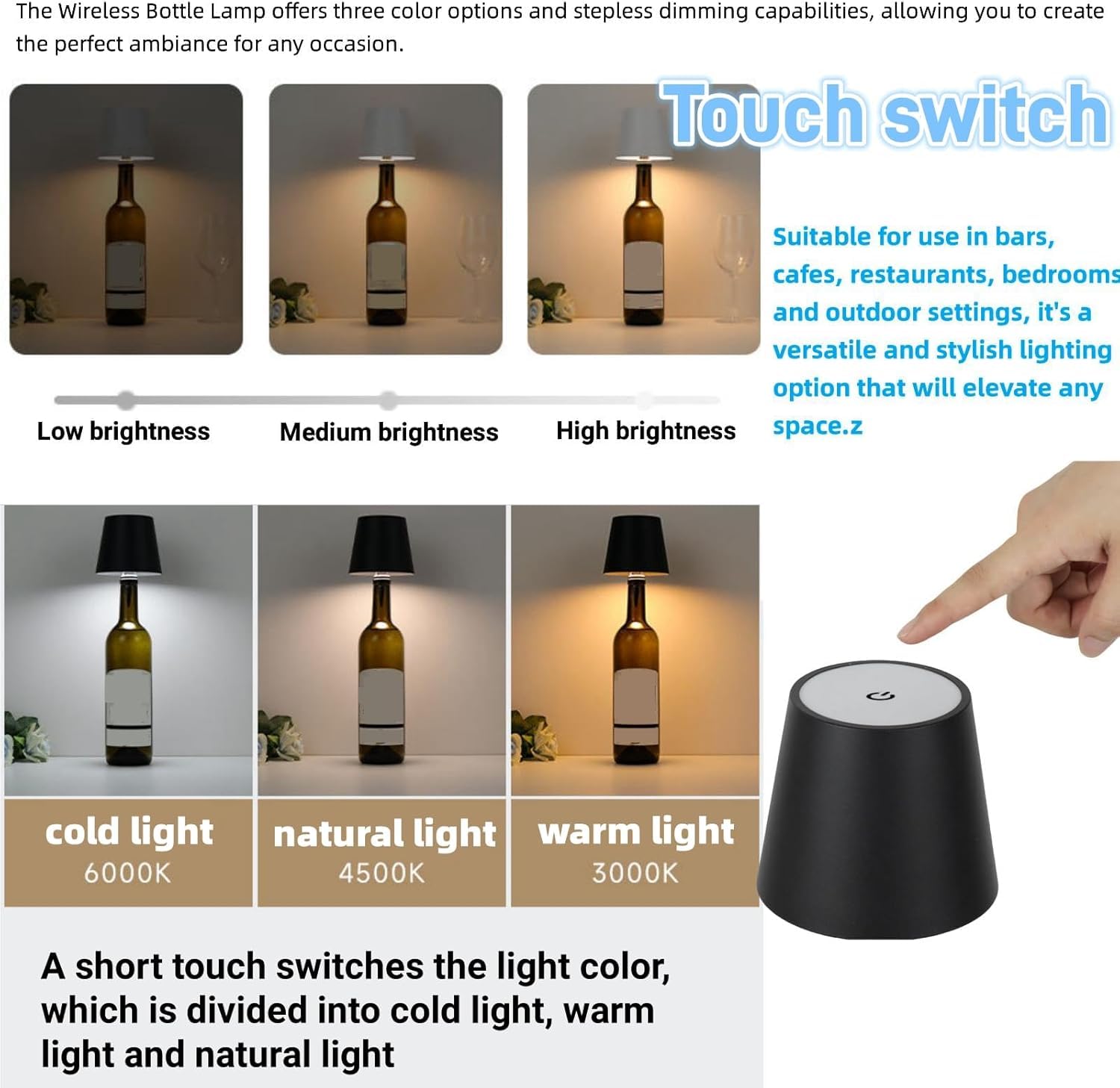 Tigilt Pridola Wireless Bottle Lamp Shade - Led Rechargeable 3 Color Stepless Dimming - Touch Liquor Bottle Lamp Kit - Outdoor Table Lamp - Bar Lamp - Wine Bottle Lamp(2Pcs-Black), Ryxz0213
