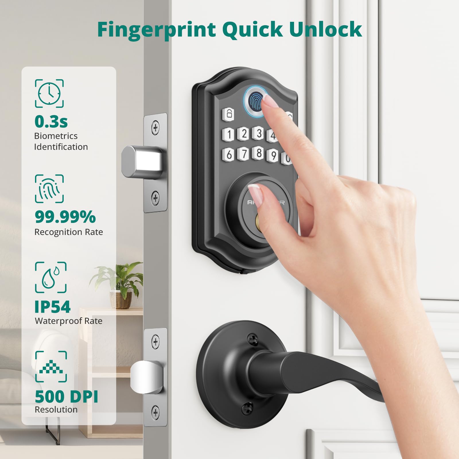 Akagear Keyless Entry Door Lock With Handle - 2 Lever Handles, Fingerprint Door Locks, Electronic Keypad Deadbolt, 2 Keys, Smart Doors Lock, Auto-Lock & One Touch Locking, Easy Installation
