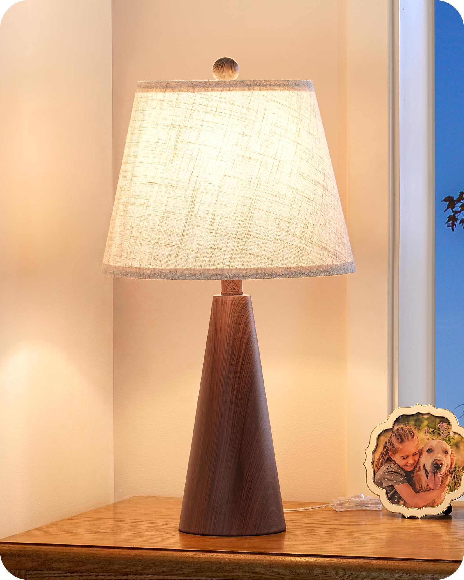 Edishine 21.85" Boho Table Lamp, Farmhouse Bedside Lamp, Water Transfer Red Wood Grain Metal Base, Beige Linen Shade, Rustic Nightstand Light For Living Room, Bedroom, Office, E26 Base