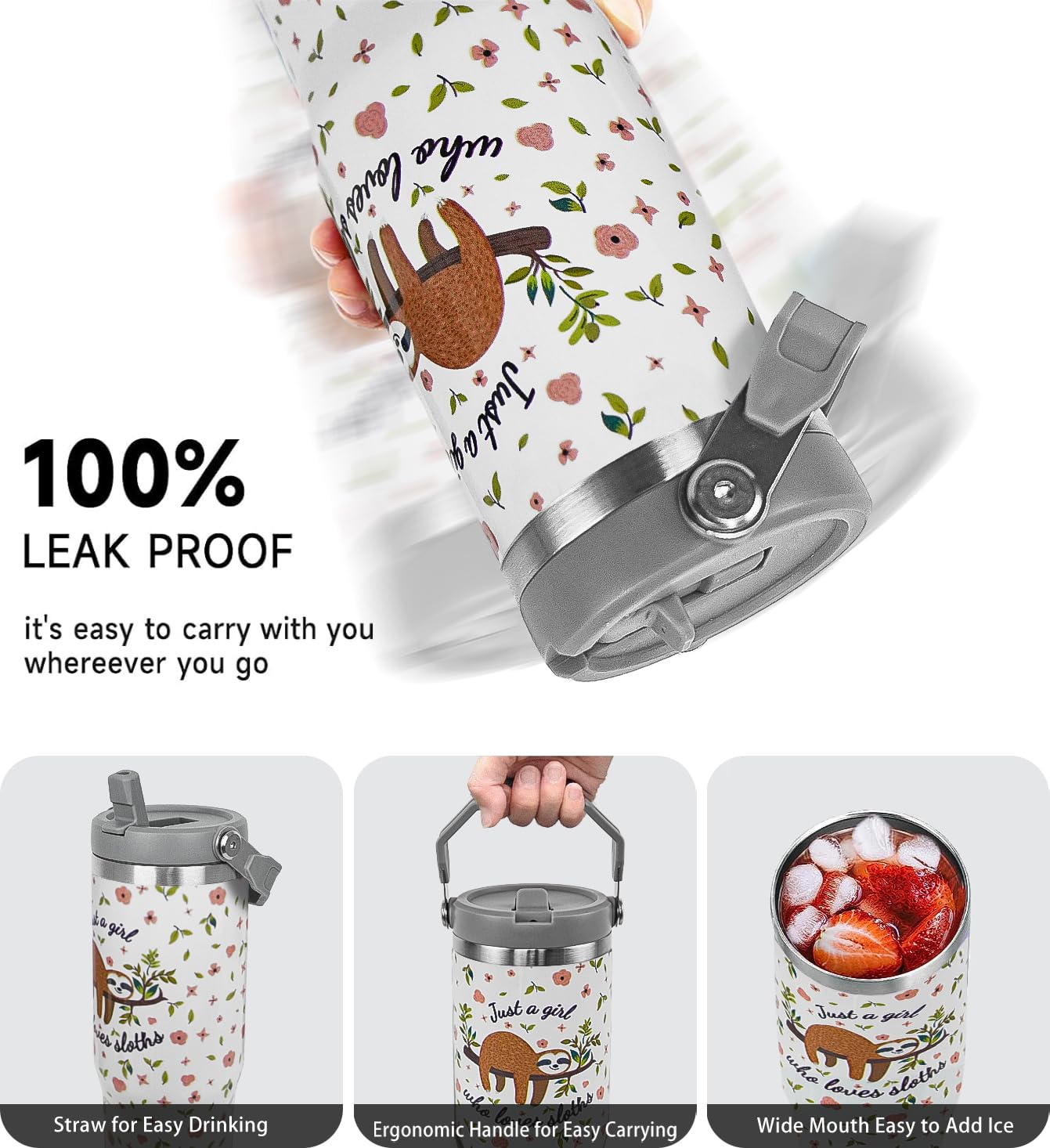 Sloth Tumbler With Handle & Flip Straw Cute Sloth Coffee Travel Mug Insulated Water Bottle