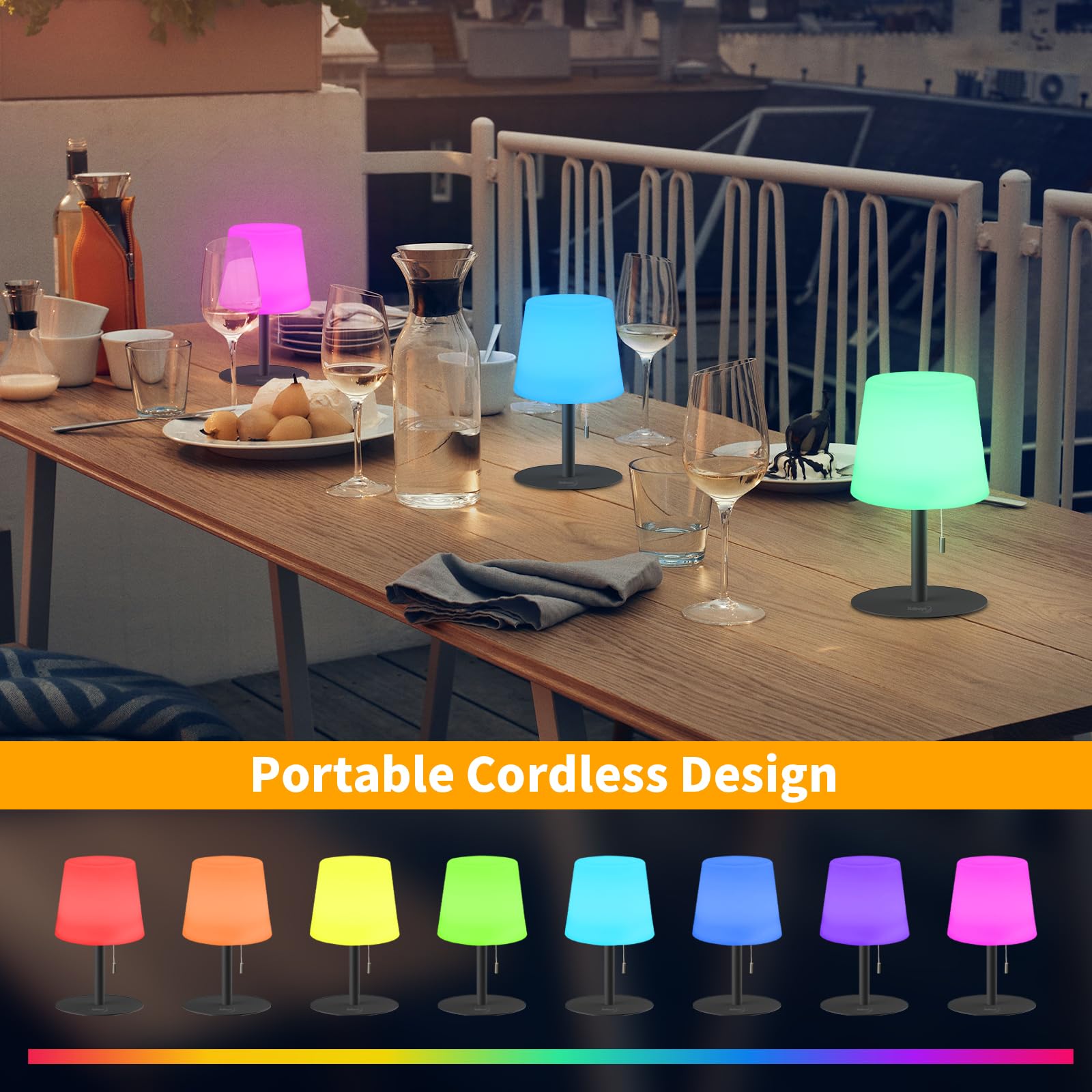 Tulbeys Warm & Rgb Cordless Table Lamp, Rechargeable Outdoor Battery Table Lamp Shower Waterproof Bedroom Lamps, Small Bedside Lamps For Night Stands