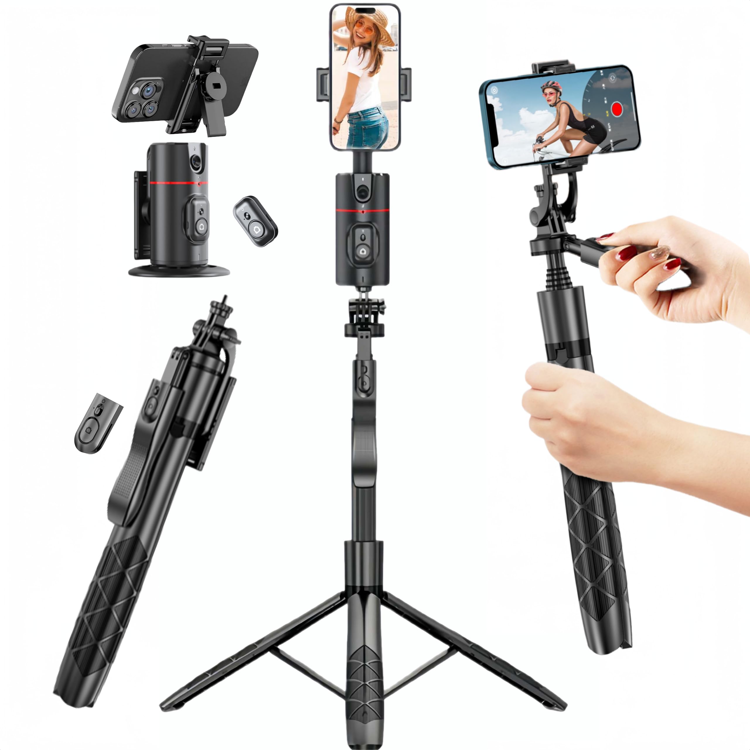 Bizisofon Auto Face Tracking Tripod, 360° Rotation Face Body Tracking Phone Holder, Rechargeable Smartphone Camera Mount Remote & Gesture Control With Adjustable Selfie Stick Tripod Stand For Phone Camera Gopro
