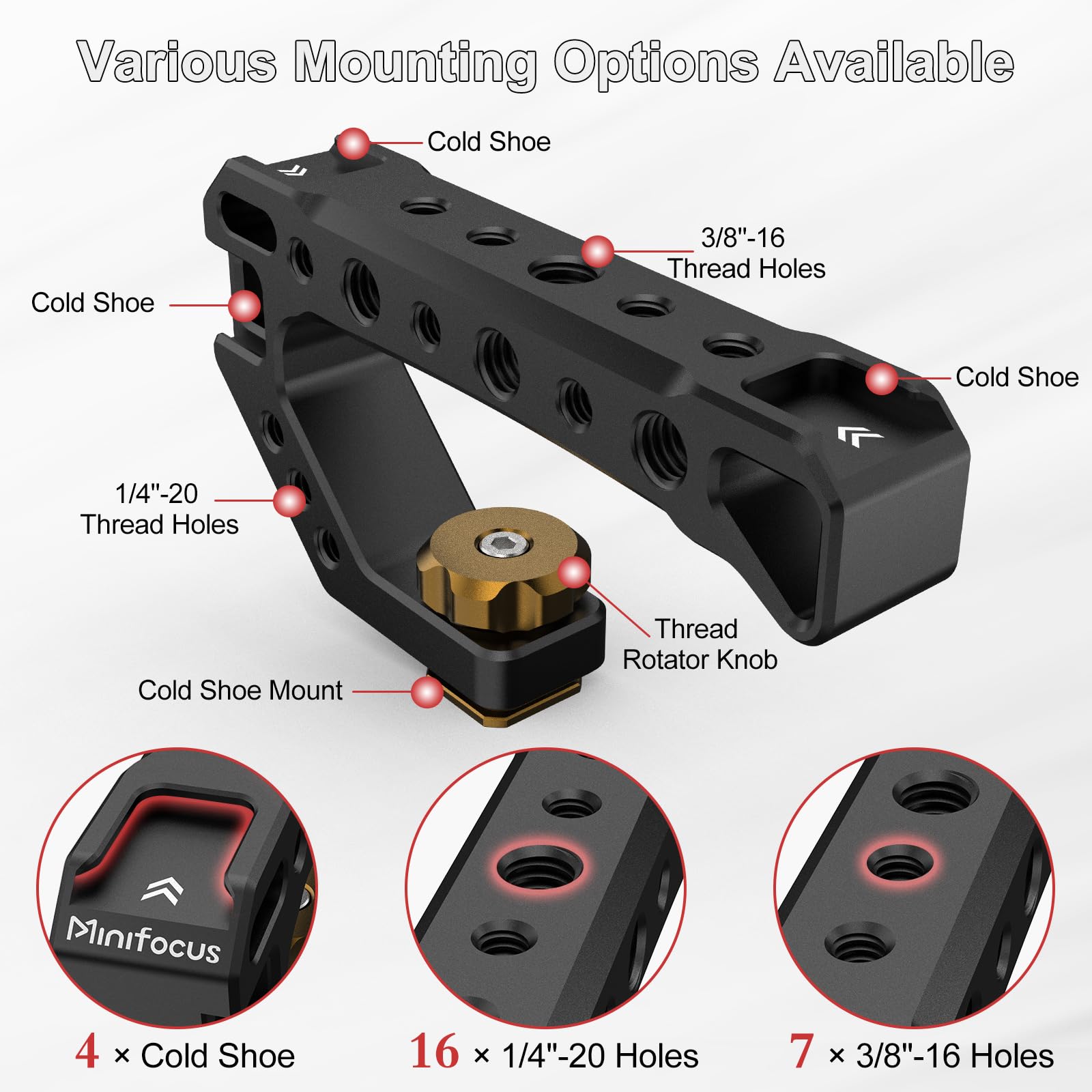 Minifocus Top Handle With Cold Shoe Mount, Lightweight Handle Grip For Camera Cage, Universal Camera Top Handgrip With 4 Cold Shoe And 1/4" & 3/8" Holes For Camera Cage, Microphone, Led Light, Monitor