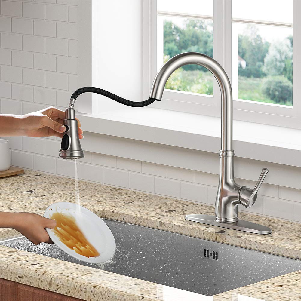 Wewe Kitchen Faucet-Single Handle Stainless Steel Brushed Nickel Pull Down Kitchen Sink Faucet With Pull Out Sprayer