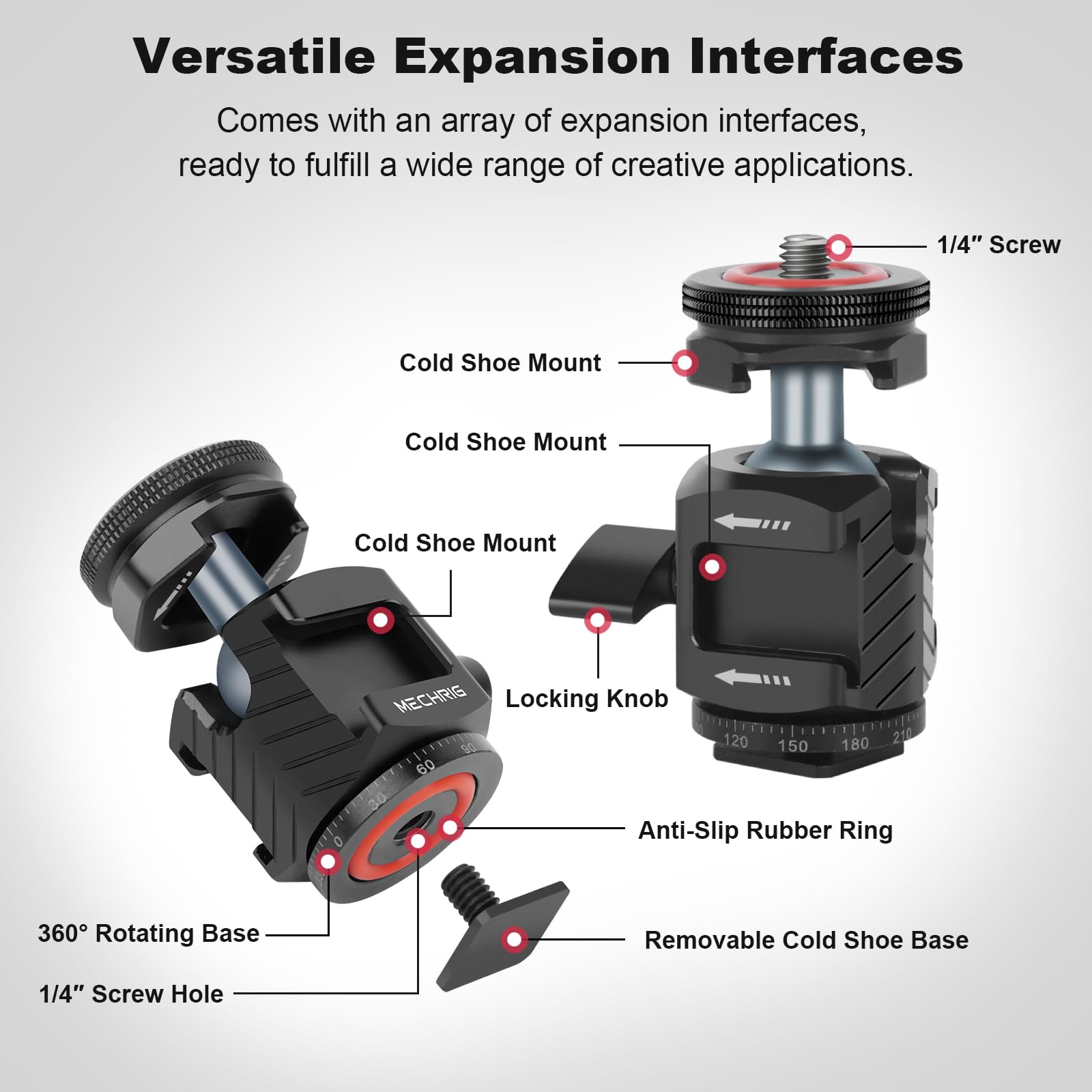 Mechrig Mini Ball Head Tripod Head With Triple Cold Shoe Mount, Aluminum Tripod Ball Head Mount For Dslr Action Camera/Smartphone/Led Light/Mic/Tripod/Monopod/Light Stand/Cage, Max Load 8.8Lb (62006)