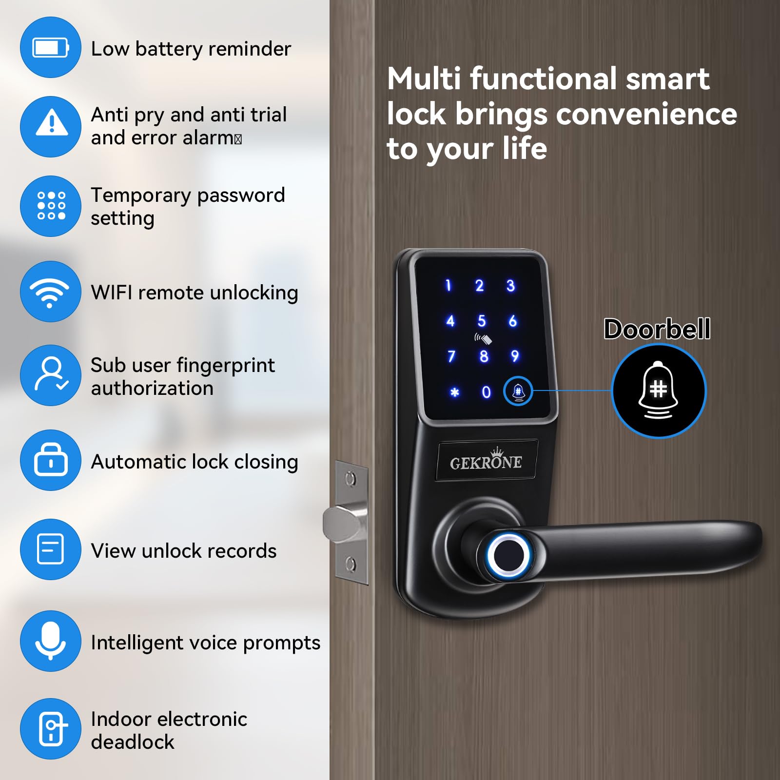 Gekrone Smart Fingerprint Lock With Lever Handle, Keypad Touchscreen Keyless Entry Front Door Knob, App Control Biometric Electronic Digital Deadbolt Set
